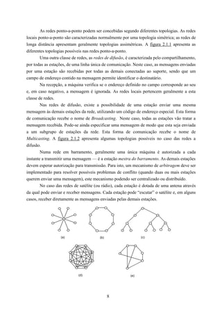 As redes ponto-a-ponto podem ser concebidas segundo diferentes topologias. As redes
locais ponto-a-ponto são caracterizadas normalmente por uma topologia simétrica; as redes de
longa distância apresentam geralmente topologias assimétricas. A figura 2.1.1 apresenta as
diferentes topologias possíveis nas redes ponto-a-ponto.
        Uma outra classe de redes, as redes de difusão, é caracterizada pelo compartilhamento,
por todas as estações, de uma linha única de comunicação. Neste caso, as mensagens enviadas
por uma estação são recebidas por todas as demais conectadas ao suporte, sendo que um
campo de endereço contido na mensagem permite identificar o destinatário.
        Na recepção, a máquina verifica se o endereço definido no campo corresponde ao seu
e, em caso negativo, a mensagem é ignorada. As redes locais pertencem geralmente a esta
classe de redes.
        Nas redes de difusão, existe a possibilidade de uma estação enviar uma mesma
mensagem às demais estações da rede, utilizando um código de endereço especial. Esta forma
de comunicação recebe o nome de Broadcasting. Neste caso, todas as estações vão tratar a
mensagem recebida. Pode-se ainda especificar uma mensagem de modo que esta seja enviada
a um subgrupo de estações da rede. Esta forma de comunicação recebe o nome de
Multicasting. A figura 2.1.2 apresenta algumas topologias possíveis no caso das redes a
difusão.
        Numa rede em barramento, geralmente uma única máquina é autorizada a cada
instante a transmitir uma mensagem — é a estação mestra do barramento. As demais estações
devem esperar autorização para transmissão. Para isto, um mecanismo de arbitragem deve ser
implementado para resolver possíveis problemas de conflito (quando duas ou mais estações
querem enviar uma mensagem), este mecanismo podendo ser centralizado ou distribuído.
        No caso das redes de satélite (ou rádio), cada estação é dotada de uma antena através
da qual pode enviar e receber mensagens. Cada estação pode “escutar” o satélite e, em alguns
casos, receber diretamente as mensagens enviadas pelas demais estações.




                   (a)                  (b)                    (c)




                            (d)                          (e)




                                              8
 