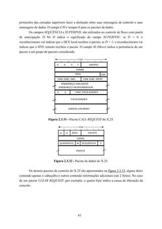 protocolos das camadas superiores fazer a distinção entre suas mensagens de controle e suas
mensagens de dados. O campo CM é sempre 0 para os pacotes de dados.
        Os campos SEQÜÊNCIA e SUPERPOS. são utilizados no controle de fluxo com janela
de antecipação. O bit D indica o significado do campo SUPERPOS.: se D = 0, o
reconhecimento vai indicar que o DCE local recebeu o pacote; se D = 1, o reconhecimento vai
indicar que o DTE remoto recebeu o pacote. O campo M (More) indica a pertinência de um
pacote a um grupo de pacotes considerado.

                                                     8 bits


                            0       0        0    1            GRUPO

                                                 CANAL

                                                 TIPO                  CM

                            TAM. END. INIC.               TAM. END. RESP.

                                 ENDEREÇO INICIANTE
                                ENDEREÇO RESPONDEDOR

                            0       0            TAM. FACILIDADES


                                             FACILIDADES



                                            DADOS USUÁRIO




                     Figura 2.3.31 - Pacote CALL REQUEST do X.25.

                                                      8 bits


                                Q       D     MÓD.             GRUPO

                                                  CANAL

                                SUPERPOS.         M      SEQUÊNCIA     0


                                                 DADOS




                         Figura 2.3.32 - Pacote de dados do X.25.


       Os demais pacotes de controle do X.25 são apresentados na figura 2.3.33, alguns deles
contendo apenas o cabeçalho e outros contendo informações adicionais (até 2 bytes). No caso
de um pacote CLEAR REQUEST, por exemplo, o quarto byte indica a causa da liberação da
conexão.




                                                   83
 