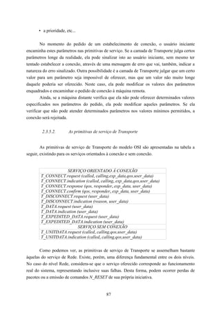 • a prioridade, etc...


        No momento do pedido de um estabelecimento de conexão, o usuário iniciante
encaminha estes parâmetros nas primitivas de serviço. Se a camada de Transporte julga certos
parâmetros longe da realidade, ela pode sinalizar isto ao usuário iniciante, sem mesmo ter
tentado estabelecer a conexão, através de uma mensagem de erro que vai, também, indicar a
natureza do erro sinalizado. Outra possibilidade é a camada de Transporte julgar que um certo
valor para um parâmetro seja impossível de oferecer, mas que um valor não muito longe
daquele poderia ser oferecido. Neste caso, ela pode modificar os valores dos parâmetros
enquadrados e encaminhar o pedido de conexão à máquina remota.
        Ainda, se a máquina distante verifica que ela não pode oferecer determinados valores
especificados nos parâmetros do pedido, ela pode modificar aqueles parâmetros. Se ela
verificar que não pode atender determinados parâmetros nos valores mínimos permitidos, a
conexão será rejeitada.


        2.3.5.2.       As primitivas de serviço de Transporte


        As primitivas de serviço de Transporte do modelo OSI são apresentadas na tabela a
seguir, existindo para os serviços orientados à conexão e sem conexão.


                    SERVIÇO ORIENTADO Á CONEXÃO
        T_CONNECT.request (called, calling,exp_data,qos,user_data)
        T_CONNECT.indication (called, calling, exp_data,qos,user_data)
        T_CONNECT.response (qos, responder, exp_data, user_data)
        T_CONNECT.confirm (qos, responder, exp_data, user_data)
        T_DISCONNECT.request (user_data)
        T_DISCONNECT.indication (reason, user_data)
        T_DATA.request (user_data)
        T_DATA.indication (user_data)
        T_EXPEDITED_DATA.request (user_data)
        T_EXPEDITED_DATA.indication (user_data)
                           SERVIÇO SEM CONEXÃO
        T_UNITDATA.request (called, calling,qos,user_data)
        T_UNITDATA.indication (called, calling,qos,user_data)


       Como podemos ver, as primitivas de serviço de Transporte se assemelham bastante
àquelas do serviço de Rede. Existe, porém, uma diferença fundamental entre os dois níveis.
No caso do nível Rede, considera-se que o serviço oferecido corresponde ao funcionamento
real do sistema, representando inclusive suas falhas. Desta forma, podem ocorrer perdas de
pacotes ou a emissão de comandos N_RESET de sua própria iniciativa.


                                            87
 