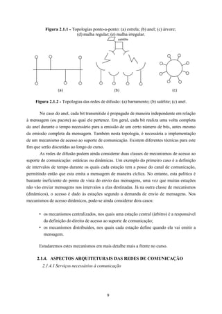 Figura 2.1.1 - Topologias ponto-a-ponto: (a) estrela; (b) anel; (c) árvore;
                           (d) malha regular; (e) malha irregular.
                                                   satélite




                 (a)                             (b)                               (c)


    Figura 2.1.2 - Topologias das redes de difusão: (a) barramento; (b) satélite; (c) anel.

      No caso do anel, cada bit transmitido é propagado de maneira independente em relação
à mensagem (ou pacote) ao qual ele pertence. Em geral, cada bit realiza uma volta completa
do anel durante o tempo necessário para a emissão de um certo número de bits, antes mesmo
da emissão completa da mensagem. Também nesta topologia, é necessária a implementação
de um mecanismo de acesso ao suporte de comunicação. Existem diferentes técnicas para este
fim que serão discutidas ao longo do curso.
        As redes de difusão podem ainda considerar duas classes de mecanismos de acesso ao
suporte de comunicação: estáticas ou dinâmicas. Um exemplo do primeiro caso é a definição
de intervalos de tempo durante os quais cada estação tem a posse do canal de comunicação,
permitindo então que esta emita a mensagem de maneira cíclica. No entanto, esta política é
bastante ineficiente do ponto de vista do envio das mensagens, uma vez que muitas estações
não vão enviar mensagens nos intervalos a elas destinadas. Já na outra classe de mecanismos
(dinâmicos), o acesso é dado às estações segundo a demanda de envio de mensagens. Nos
mecanismos de acesso dinâmicos, pode-se ainda considerar dois casos:


      • os mecanismos centralizados, nos quais uma estação central (árbitro) é a responsável
        da definição do direito de acesso ao suporte de comunicação;
      • os mecanismos distribuídos, nos quais cada estação define quando ela vai emitir a
        mensagem.

      Estudaremos estes mecanismos em mais detalhe mais a frente no curso.

     2.1.4. ASPECTOS ARQUITETURAIS DAS REDES DE COMUNICAÇÃO
        2.1.4.1 Serviços necessários à comunicação




                                             9
 