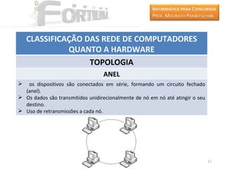 CLASSIFICAÇÃO DAS REDE DE COMPUTADORES
              QUANTO A HARDWARE
                   TOPOLOGIA
                                  ANEL
  os dispositivos são conectados em série, formando um circuito fechado
  (anel).
 Os dados são transmitidos unidirecionalmente de nó em nó até atingir o seu
  destino.
 Uso de retransmissões a cada nó.




                                                                               17
 