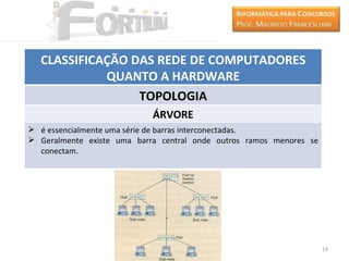 CLASSIFICAÇÃO DAS REDE DE COMPUTADORES
            QUANTO A HARDWARE
                 TOPOLOGIA
                            ÁRVORE
 é essencialmente uma série de barras interconectadas.
 Geralmente existe uma barra central onde outros ramos menores se
  conectam.




                                                                     19
 