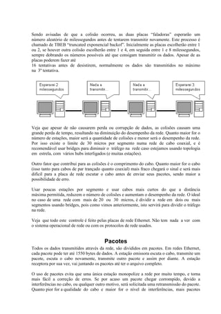 Sendo avisadas de que a colisão ocorreu, as duas placas “faladoras” esperarão um
número aleatório de milessegundos antes de tentarem transmitir novamente. Este processo é
chamado de TBEB “truncated exponencial backof”. Inicialmente as placas escolherão entre 1
ou 2, se houver outra colisão escolherão entre 1 e 4, em seguida entre 1 e 8 milessegundos,
sempre dobrando os números possíveis até que consigam transmitir os dados. Apesar de as
placas poderem fazer até
16 tentativas antes de desistirem, normalmente os dados são transmitidos no máximo
na 3º tentativa.
Veja que apesar de não causarem perda ou corrupção de dados, as colisões causam uma
grande perda de tempo, resultando na diminuição do desempenho da rede. Quanto maior for o
número de estações, maior será a quantidade de colisões e menor será o desempenho da rede.
Por isso existe o limite de 30 micros por segmento numa rede de cabo coaxial, e é
recomendável usar bridges para diminuir o tráfego na rede caso estejamos usando topologia
em estrela, com vários hubs interligados (e muitas estações).
Outro fator que contribui para as colisões é o comprimento do cabo. Quanto maior for o cabo
(isso tanto para cabos de par trançado quanto coaxial) mais fraco chegará o sinal e será mais
difícil para a placa de rede escutar o cabo antes de enviar seus pacotes, sendo maior a
possibilidade de erro.
Usar poucas estações por segmento e usar cabos mais curtos do que a distância
máxima permitida, reduzem o número de colisões e aumentam o desempenho da rede. O ideal
no caso de uma rede com mais de 20 ou 30 micros, é dividir a rede em dois ou mais
segmentos usando bridges, pois como vimos anteriormente, isto servirá para dividir o tráfego
na rede.
Veja que todo este controle é feito pelas placas de rede Ethernet. Não tem nada a ver com
o sistema operacional de rede ou com os protocolos de rede usados.
Pacotes
Todos os dados transmitidos através da rede, são divididos em pacotes. Em redes Ethernet,
cada pacote pode ter até 1550 bytes de dados. A estação emissora escuta o cabo, transmite um
pacote, escuta o cabo novamente, transmite outro pacote e assim por diante. A estação
receptora por sua vez, vai juntando os pacotes até ter o arquivo completo.
O uso de pacotes evita que uma única estação monopolize a rede por muito tempo, e torna
mais fácil a correção de erros. Se por acaso um pacote chegar corrompido, devido a
interferências no cabo, ou qualquer outro motivo, será solicitada uma retransmissão do pacote.
Quanto pior for a qualidade do cabo e maior for o nível de interferências, mais pacotes
 