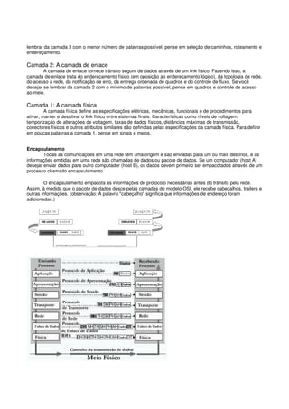 lembrar da camada 3 com o menor número de palavras possível, pense em seleção de caminhos, roteamento e
endereçamento.
Camada 2: A camada de enlace
A camada de enlace fornece trânsito seguro de dados através de um link físico. Fazendo isso, a
camada de enlace trata do endereçamento físico (em oposição ao endereçamento lógico), da topologia de rede,
do acesso à rede, da notificação de erro, da entrega ordenada de quadros e do controle de fluxo. Se você
desejar se lembrar da camada 2 com o mínimo de palavras possível, pense em quadros e controle de acesso
ao meio.
Camada 1: A camada física
A camada física define as especificações elétricas, mecânicas, funcionais e de procedimentos para
ativar, manter e desativar o link físico entre sistemas finais. Características como níveis de voltagem,
temporização de alterações de voltagem, taxas de dados físicos, distâncias máximas de transmissão,
conectores físicos e outros atributos similares são definidas pelas especificações da camada física. Para definir
em poucas palavras a camada 1, pense em sinais e meios.
Encapsulamento
Todas as comunicações em uma rede têm uma origem e são enviadas para um ou mais destinos, e as
informações emitidas em uma rede são chamadas de dados ou pacote de dados. Se um computador (host A)
desejar enviar dados para outro computador (host B), os dados devem primeiro ser empacotados através de um
processo chamado encapsulamento.
O encapsulamento empacota as informações de protocolo necessárias antes do trânsito pela rede.
Assim, à medida que o pacote de dados desce pelas camadas do modelo OSI, ele recebe cabeçalhos, trailers e
outras informações. (observação: A palavra "cabeçalho" significa que informações de endereço foram
adicionadas.)
 