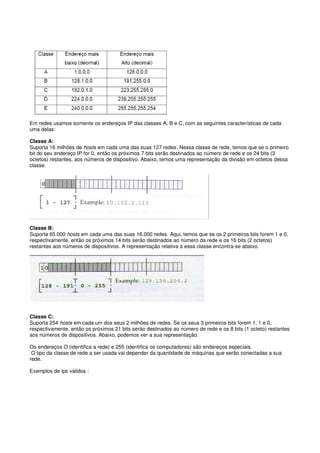 Em redes usamos somente os endereços IP das classes A, B e C, com as seguintes características de cada
uma delas:
Classe A:
Suporta 16 milhões de hosts em cada uma das suas 127 redes. Nessa classe de rede, temos que se o primeiro
bit do seu endereço IP for 0, então os próximos 7 bits serão destinados ao número de rede e os 24 bits (3
octetos) restantes, aos números de dispositivo. Abaixo, temos uma representação da divisão em octetos dessa
classe.
Classe B:
Suporta 65.000 hosts em cada uma das suas 16.000 redes. Aqui, temos que se os 2 primeiros bits forem 1 e 0,
respectivamente, então os próximos 14 bits serão destinados ao número da rede e os 16 bits (2 octetos)
restantes aos números de dispositivos. A representação relativa a essa classe encontra-se abaixo.
Classe C:
Suporta 254 hosts em cada um dos seus 2 milhões de redes. Se os seus 3 primeiros bits forem 1, 1 e 0,
respectivamente, então os próximos 21 bits serão destinados ao número de rede e os 8 bits (1 octeto) restantes
aos números de dispositivos. Abaixo, podemos ver a sua representação.
Os endereços O (identifica a rede) e 255 (identifica os computadores) são endereços especiais.
O tipo da classe de rede a ser usada vai depender da quantidade de máquinas que serão conectadas a sua
rede.
Exemplos de ips válidos :
 
