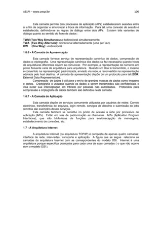 AESPI – www.aespi.br                                                                      100



         Esta camada permite dois processos de aplicação (APs) estabelecerem sessões entre
si a fim de organizar e sincronizar a troca de informação. Para tal, uma conexão de sessão é
estabelecida, definindo-se as regras de diálogo entre dois APs. Existem três variantes de
diálogo quanto ao sentido do fluxo de dados :

TWM (Two Way Simultaneous): bidirecional simultaneamente,
TWA (Two Way Alternate): bidirecional alternadamente (uma por vez),
OW (One Way): unidirecional

1.6.6 - A Camada de Apresentação

        Esta camada fornece serviço de representação canônica de dados, compressão de
dados e cripitografia. Uma representação canônica dos dados se faz necessária quando hosts
de arquiteturas diferentes devem se comunicar. Por exemplo, a representação de números em
ponto flutuante varia de arquitetura para arquitetura. Quando um float é transmitido, o mesmo
é convertido na representação padronizada, enviado via rede, e reconvertido na representação
adotada pelo host destino. A camada de apresentação dispõe de um protocolo para tal (EDR:
External Data Representation).
        Compressão de dados é útil para o envio de grandes massas de dados como imagens
e textos. Criptografia é utilizada quando os dados a serem transmitidos são confidenciais e
visa evitar sua interceptação em trânsito por pessoas não autorizadas. Protocolos para
compressão e criptografia de dados também são definidos nesta camada.

1.6.7 - A Camada de Aplicação

         Esta camada dispõe de serviços comumente utilizados por usuários de redes: Correio
eletrônico, transferência de arquivos, login remoto, serviços de diretório e submissão de jobs
remotos são exemplos destes serviços.
         Esta camada também se constitui no ponto de acesso à rede por processos de
aplicação (APs). Estão em vias de padronização as chamadas APIs (Apllication Program
Interfaces), que são bibliotecas de funções para envio/recepção de mensagens,
estabelecimento de conexões, etc.

1.7 - A Arquitetura Internet

        A arquitetura Internet (ou arquitetura TCP/IP) é composta de apenas quatro camadas:
interface de rede, inter-redes, transporte e aplicação. A figura que se segue relaciona as
camadas da arquitetura Internet com as correspondentes do modelo OSI. Internet é uma
arquitetura porque especifica protocolos para cada uma de suas camadas ( o que não ocorre
com o modelo OSI ).
 