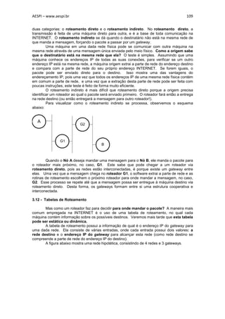 AESPI – www.aespi.br                                                                       109


duas categorias: o roteamento direto e o roteamento indireto. No roteamento direto, a
transmissão é feita de uma máquina direto para outra, e é a base de toda comunicação na
INTERNET. O roteamento indireto se dá quando o destinatário não está na mesma rede de
que manda a mensagem, forçando o pacote a passar por um gateway.
         Uma máquina em uma dada rede física pode se comunicar com outra máquina na
mesma rede através de uma mensagem única enviada pelo meio físico. Como a origem sabe
que o destinatário está na mesma rede que ela? O teste é simples. Assumindo que uma
máquina conhece os endereços IP de todas as suas conexões, para verificar se um outro
endereço IP está na mesma rede, a máquina origem extrai a parte de rede do endereço destino
e compara com a parte de rede do seu próprio endereço INTERNET. Se forem iguais, o
pacote pode ser enviado direto para o destino. Isso mostra uma das vantagens do
endereçamento IP, pois uma vez que todos os endereços IP de uma mesma rede física contém
em comum a parte de rede, e uma vez que a extração desta parte de rede pode ser feita com
poucas instruções, este teste é feito de forma muito eficiente.
         O roteamento indireto é mais difícil que roteamento direto porque a origem precisa
identificar um roteador ao qual o pacote será enviado primeiro. O roteador fará então a entrega
na rede destino (ou então entregará a mensagem para outro roteador!).
         Para visualizar como o roteamento indireto se processa, observemos o esquema
abaixo:


   A
                            G2



                G1
                                        B



        Quando o Nó A deseja mandar uma mensagem para o Nó B, ele manda o pacote para
o roteador mais próximo, no caso, G1. Este sabe que pode chegar a um roteador via
roteamento direto, pois as redes estão interconectadas, é porque existe um gateway entre
elas. Uma vez que a mensagem chega no roteador G1, o software extrai a parte de rede e as
rotinas de roteamento escolhem o próximo roteador para onde mandar a mensagem, no caso,
G2. Esse processo se repete até que a mensagem possa ser entregue à máquina destino via
roteamento direto. Desta forma, os gateways formam entre si uma estrutura cooperativa e
interconectada.

3.12 - Tabelas de Roteamento

       Mas como um roteador faz para decidir para onde mandar o pacote? A maneira mais
comum empregada na INTERNET é o uso de uma tabela de roteamento, no qual cada
máquina contém informação sobre os possíveis destinos. Veremos mais tarde que esta tabela
pode ser estática ou dinâmica.
       A tabela de roteamento possui a informação de qual é o endereço IP do gateway para
uma dada rede. Ela consiste de várias entradas, onde cada entrada possui dois valores: a
rede destino e o endereço IP do gateway para alcançar esta rede (como rede destino se
compreende a parte de rede do endereço IP do destino).
       A figura abaixo mostra uma rede hipotética, consistindo de 4 redes e 3 gateways.
 