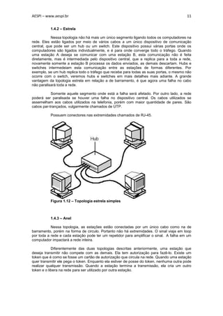 AESPI – www.aespi.br                                                                     11


          1.4.2 – Estrela

           Nessa topologia não há mais um único segmento ligando todos os computadores na
rede. Eles estão ligados por meio de vários cabos a um único dispositivo de comunicação
central, que pode ser um hub ou um switch. Este dispositivo possui várias portas onde os
computadores são ligados individualmente, e é para onde converge todo o tráfego. Quando
uma estação A deseja se comunicar com uma estação B, esta comunicação não é feita
diretamente, mas é intermediada pelo dispositivo central, que a replica para a toda a rede,
novamente somente a estação B processa os dados enviados, as demais descartam. Hubs e
switches intermedeiam esta comunicação entre as estações de formas diferentes. Por
exemplo, se um hub replica todo o tráfego que recebe para todas as suas portas, o mesmo não
ocorre com o switch, veremos hubs e switches em mais detalhes mais adiante. A grande
vantagem da topologia estrela em relação a de barramento, é que agora uma falha no cabo
não paralisará toda a rede.

           Somente aquele segmento onde está a falha será afetado. Por outro lado, a rede
poderá ser paralisada se houver uma falha no dispositivo central. Os cabos utilizados se
assemelham aos cabos utilizados na telefonia, porém com maior quantidade de pares. São
cabos par-trançados, vulgarmente chamados de UTP.

          Possuem conectores nas extremidades chamados de RJ-45.




          Figura 1.12 – Topologia estrela simples



          1.4.3 – Anel

           Nessa topologia, as estações estão conectadas por um único cabo como na de
barramento, porém na forma de circulo. Portanto não há extremidades. O sinal viaja em loop
por toda a rede e cada estação pode ter um repetidor para amplificar o sinal. A falha em um
computador impactará a rede inteira.

            Diferentemente das duas topologias descritas anteriormente, uma estação que
deseja transmitir não compete com as demais. Ela tem autorização para fazê-lo. Existe um
token que é como se fosse um cartão de autorização que circula na rede. Quando uma estação
quer transmitir ele pega o token. Enquanto ela estiver de posse do token, nenhuma outra pode
realizar qualquer transmissão. Quando a estação termina a transmissão, ela cria um outro
token e o libera na rede para ser utilizado por outra estação.
 