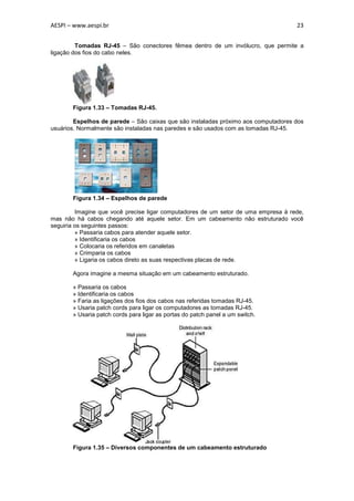 AESPI – www.aespi.br                                                                23


         Tomadas RJ-45 – São conectores fêmea dentro de um invólucro, que permite a
ligação dos fios do cabo neles.




       Figura 1.33 – Tomadas RJ-45.

        Espelhos de parede – São caixas que são instaladas próximo aos computadores dos
usuários. Normalmente são instaladas nas paredes e são usados com as tomadas RJ-45.




       Figura 1.34 – Espelhos de parede

         Imagine que você precise ligar computadores de um setor de uma empresa à rede,
mas não há cabos chegando até aquele setor. Em um cabeamento não estruturado você
seguiria os seguintes passos:
         » Passaria cabos para atender aquele setor.
         » Identificaria os cabos
         » Colocaria os referidos em canaletas
         » Crimparia os cabos
         » Ligaria os cabos direto as suas respectivas placas de rede.

       Agora imagine a mesma situação em um cabeamento estruturado.

       » Passaria os cabos
       » Identificaria os cabos
       » Faria as ligações dos fios dos cabos nas referidas tomadas RJ-45.
       » Usaria patch cords para ligar os computadores as tomadas RJ-45.
       » Usaria patch cords para ligar as portas do patch panel a um switch.




       Figura 1.35 – Diversos componentes de um cabeamento estruturado
 