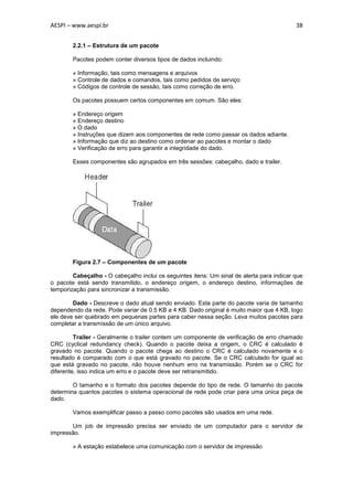 AESPI – www.aespi.br                                                                       38


        2.2.1 – Estrutura de um pacote

        Pacotes podem conter diversos tipos de dados incluindo:

        » Informação, tais como mensagens e arquivos
        » Controle de dados e comandos, tais como pedidos de serviço
        » Códigos de controle de sessão, tais como correção de erro.

        Os pacotes possuem certos componentes em comum. São eles:

        » Endereço origem
        » Endereço destino
        » O dado
        » Instruções que dizem aos componentes de rede como passar os dados adiante.
        » Informação que diz ao destino como ordenar ao pacotes e montar o dado
        » Verificação de erro para garantir a integridade do dado.

        Esses componentes são agrupados em três sessões: cabeçalho, dado e trailer.




        Figura 2.7 – Componentes de um pacote

        Cabeçalho - O cabeçalho inclui os seguintes itens: Um sinal de alerta para indicar que
o pacote está sendo transmitido, o endereço origem, o endereço destino, informações de
temporização para sincronizar a transmissão.

        Dado - Descreve o dado atual sendo enviado. Esta parte do pacote varia de tamanho
dependendo da rede. Pode variar de 0.5 KB a 4 KB. Dado original é muito maior que 4 KB, logo
ele deve ser quebrado em pequenas partes para caber nessa seção. Leva muitos pacotes para
completar a transmissão de um único arquivo.

         Trailer - Geralmente o trailer contem um componente de verificação de erro chamado
CRC (cyclical redundancy check). Quando o pacote deixa a origem, o CRC é calculado é
gravado no pacote. Quando o pacote chega ao destino o CRC é calculado novamente e o
resultado é comparado com o que está gravado no pacote. Se o CRC calculado for igual ao
que está gravado no pacote, não houve nenhum erro na transmissão. Porém se o CRC for
diferente, isso indica um erro e o pacote deve ser retransmitido.

        O tamanho e o formato dos pacotes depende do tipo de rede. O tamanho do pacote
determina quantos pacotes o sistema operacional de rede pode criar para uma única peça de
dado.

        Vamos exemplificar passo a passo como pacotes são usados em uma rede.

       Um job de impressão precisa ser enviado de um computador para o servidor de
impressão.

        » A estação estabelece uma comunicação com o servidor de impressão
 
