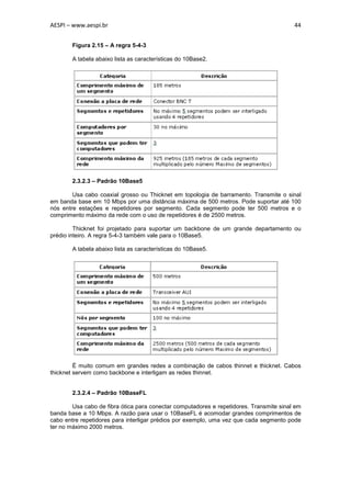 AESPI – www.aespi.br                                                                     44


        Figura 2.15 – A regra 5-4-3

        A tabela abaixo lista as características do 10Base2.




        2.3.2.3 – Padrão 10Base5

        Usa cabo coaxial grosso ou Thicknet em topologia de barramento. Transmite o sinal
em banda base em 10 Mbps por uma distância máxima de 500 metros. Pode suportar até 100
nós entre estações e repetidores por segmento. Cada segmento pode ter 500 metros e o
comprimento máximo da rede com o uso de repetidores é de 2500 metros.

         Thicknet foi projetado para suportar um backbone de um grande departamento ou
prédio inteiro. A regra 5-4-3 também vale para o 10Base5.

        A tabela abaixo lista as características do 10Base5.




         É muito comum em grandes redes a combinação de cabos thinnet e thicknet. Cabos
thicknet servem como backbone e interligam as redes thinnet.


        2.3.2.4 – Padrão 10BaseFL

        Usa cabo de fibra ótica para conectar computadores e repetidores. Transmite sinal em
banda base a 10 Mbps. A razão para usar o 10BaseFL é acomodar grandes comprimentos de
cabo entre repetidores para interligar prédios por exemplo, uma vez que cada segmento pode
ter no máximo 2000 metros.
 