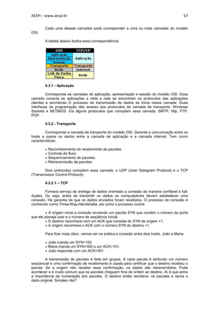AESPI – www.aespi.br                                                                        67


        Cada uma dessas camadas pode corresponder a uma ou mais camadas do modelo
OSI.

        A tabela abaixo ilustra essa correspondência.




        4.3.1 - Aplicação

         Corresponde as camadas de aplicação, apresentação e sessão do modelo OSI. Essa
camada conecta as aplicações a rede e nela se encontram os protocolos das aplicações
clientes e servidoras O processo de transmissão de dados se inicia nessa camada. Duas
interfaces de programação dão acesso aos protocolos da camada de transporte. Windows
Sockets e NETBIOS. Eis alguns protocolos que compõem essa camada: SMTP, http, FTP,
POP.

        4.3.2 - Transporte

         Corresponde a camada de transporte do modelo OSI. Garante a comunicação entre os
hosts e passa os dados entre a camada de aplicação e a camada internet. Tem como
características:

        » Reconhecimento de recebimento de pacotes.
        » Controle de fluxo.
        » Sequenciamento de pacotes.
        » Retransmissão de pacotes.

       Dois protocolos compõem essa camada, o UDP (User Datagram Protocol) e o TCP
(Transmission Control Protocol).

        4.3.2.1 – TCP

        Fornece serviço de entrega de dados orientado a conexão de maneira confiável e full-
duplex. Ou seja, antes de transmitir os dados os computadores devem estabelecer uma
conexão. Há garantia de que os dados enviados foram recebidos. O processo de conexão é
conhecido como Three-Way-Handshake, eis como o processo ocorre.

        » A origem inicia a conexão enviando um pacote SYN que contém o número da porta
que ele planeja usar e o número de seqüência inicial.
        » O destino reconhece com um ACK que consiste do SYN de origem +1.
        » A origem reconhece o ACK com o número SYN do destino +1.

        Para ficar mais claro, vamos ver na prática a conexão entre dois hosts, João e Maria.

        » João manda um SYN=100.
        » Maria manda um SYN=300 e um ACK=101.
        » João responde com um ACK=301.

        A transmissão de pacotes é feita em grupos. A cada pacote é atribuído um número
seqüencial e uma confirmação de recebimento é usada para certificar que o destino recebeu o
pacote. Se a origem não receber essa confirmação, os dados são retransmitidos. Pode
acontecer e é muito comum que os pacotes cheguem fora de ordem ao destino. Aí é que entra
a importância da numeração dos pacotes. O destino então reordena os pacotes e recria o
dado original. Simples não?
 
