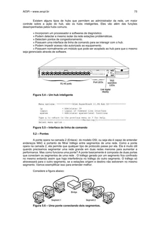 AESPI – www.aespi.br                                                                      73


        Existem alguns tipos de hubs que permitem ao administrador da rede, um maior
controle sobre a ação do hub, são os hubs inteligentes. Eles vão além das funções
desempenhadas pelos hubs comuns.

        » Incorporam um processador e softwares de diagnóstico.
        » Podem detectar e mesmo isolar da rede estações problemáticas.
        » Detectam pontos de congestionamento.
        » Possuem uma interface de linha de comando para se interagir com o hub.
        » Podem impedir acesso não autorizado ao equipamento.
        » Possuem normalmente um módulo que pode ser acoplado ao hub para que o mesmo
seja gerenciado através de software.




        Figura 5.4 – Um hub inteligente




        Figura 5.5 – Interface de linha de comando

        5.2 – Pontes

        A ponte opera na camada 2 (Enlace) do modelo OSI, ou seja ela é capaz de entender
endereços MAC e portanto de filtrar tráfego entre segmentos de uma rede. Como a ponte
opera na camada 2, ela permite que qualquer tipo de protocolo passe por ela. Ela é muito útil
quando precisamos segmentar uma rede grande em duas redes menores para aumentar a
performance. Mas como funciona uma ponte? A ponte basicamente é composta de duas portas
que conectam os segmentos de uma rede . O tráfego gerado por um segmento fica confinado
no mesmo evitando assim que haja interferência no tráfego do outro segmento. O tráfego só
atravessará para o outro segmento, se a estações origem e destino não estiverem no mesmo
segmento. Vamos exemplificar isso para entender melhor.

        Considere a figura abaixo:




        Figura 5.6 – Uma ponte conectando dois segmentos.
 