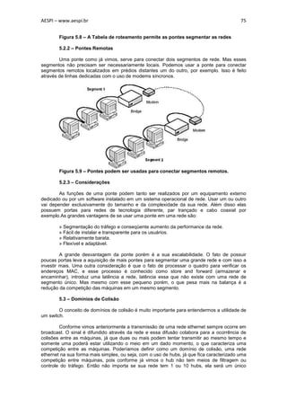 AESPI – www.aespi.br                                                                      75


        Figura 5.8 – A Tabela de roteamento permite as pontes segmentar as redes

        5.2.2 – Pontes Remotas

        Uma ponte como já vimos, serve para conectar dois segmentos de rede. Mas esses
segmentos não precisam ser necessariamente locais. Podemos usar a ponte para conectar
segmentos remotos localizados em prédios distantes um do outro, por exemplo. Isso é feito
através de linhas dedicadas com o uso de modems síncronos.




        Figura 5.9 – Pontes podem ser usadas para conectar segmentos remotos.

        5.2.3 – Considerações

        As funções de uma ponte podem tanto ser realizados por um equipamento externo
dedicado ou por um software instalado em um sistema operacional de rede. Usar um ou outro
vai depender exclusivamente do tamanho e da complexidade da sua rede. Além disso elas
possuem portas para redes de tecnologia diferente, par trançado e cabo coaxial por
exemplo.As grandes vantagens de se usar uma ponte em uma rede são:

        » Segmentação do tráfego e conseqüente aumento da performance da rede.
        » Fácil de instalar e transparente para os usuários.
        » Relativamente barata.
        » Flexível e adaptável.

         A grande desvantagem da ponte porém é a sua escalabilidade. O fato de possuir
poucas portas leva a aquisição de mais pontes para segmentar uma grande rede e com isso a
investir mais. Uma outra consideração é que o fato de processar o quadro para verificar os
endereços MAC, e esse processo é conhecido como store and forward (armazenar e
encaminhar), introduz uma latência a rede, latência essa que não existe com uma rede de
segmento único. Mas mesmo com esse pequeno porém, o que pesa mais na balança é a
redução da competição das máquinas em um mesmo segmento.

        5.3 – Domínios de Colisão

        O conceito de domínios de colisão é muito importante para entendermos a utilidade de
um switch.

        Conforme vimos anteriormente a transmissão de uma rede ethernet sempre ocorre em
broadcast. O sinal é difundido através da rede e essa difusão colabora para a ocorrência de
colisões entre as máquinas, já que duas ou mais podem tentar transmitir ao mesmo tempo e
somente uma poderá estar utilizando o meio em um dado momento, o que caracteriza uma
competição entre as máquinas. Poderíamos definir como um domínio de colisão, uma rede
ethernet na sua forma mais simples, ou seja, com o uso de hubs, já que fica caracterizado uma
competição entre máquinas, pois conforme já vimos o hub não tem meios de filtragem ou
controle do tráfego. Então não importa se sua rede tem 1 ou 10 hubs, ela será um único
 