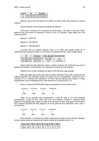 AESPI – www.aespi.br                                                                    83




       Observe que os IPs dos hosts A e B estão na mesma rede, pois possuem a mesma
máscara.

        Vamos entender como funciona a questão da máscara.

        Vimos que o endereço IP é composto de duas partes, a de rede e a de host. Quem
determina até que ponto do endereço é rede ou host é a mascara. Cada classe tem uma
máscara padrão.

        Classe A – 255.0.0.0

        Classe B – 255.255.0.0

        Classe C – 255.255.255.0

        A porção 255 da máscara aplicado sobre o IP indica que aquela porção do IP
corresponde ao endereço de rede e o que sobra é o endereço do host. Veja a tabela abaixo.




       Várias máscaras são aplicadas sobre o mesmo endereço IP, lembrando que isso é
apenas para facilitar o entendimento, um endereço IP só pode ter uma máscara.

        Observe como muda o endereço de rede e o de host para cada situação.

        Mas como fazer para dividir uma rede em várias subredes? Isso é feito usando-se uma
máscara diferente das mascaras padrão de acordo com as necessidades. Lembre-se que o
endereço IP e a mascara são expressos na forma decimal apenas para facilitar o nosso
entendimento e que na realidade para a rede eles são um conjunto de 0s e 1s.

        Assim, a mascara 255.255.255.0 pode ser expressa na forma binária como:




        Onde, os 24 primeiros bits correspondem a parte de rede e os 8 bits restantes
correspondem a parte de host. Para criar uma nova subrede mudando a máscara, basta
pegarmos emprestado para a parte de rede um bit da parte de host. Veja agora como ficaria a
nova máscara (255.255.255.128), pegando um bit da parte de host, atribuindo a ele o valor 1
ao invés de 0.




       Para entender a conversão de binário decimal para binário é bem simples. Qualquer
número decimal pode ser expresso em binário através de 8 posições de 0s e 1s.
 