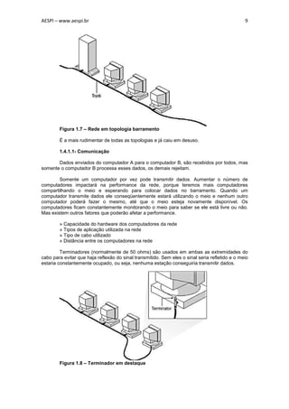 AESPI – www.aespi.br                                                                            9




        Figura 1.7 – Rede em topologia barramento

        É a mais rudimentar de todas as topologias e já caiu em desuso.

        1.4.1.1- Comunicação

       Dados enviados do computador A para o computador B, são recebidos por todos, mas
somente o computador B processa esses dados, os demais rejeitam.

        Somente um computador por vez pode transmitir dados. Aumentar o número de
computadores impactará na performance da rede, porque teremos mais computadores
compartilhando o meio e esperando para colocar dados no barramento. Quando um
computador transmite dados ele conseqüentemente estará utilizando o meio e nenhum outro
computador poderá fazer o mesmo, até que o meio esteja novamente disponível. Os
computadores ficam constantemente monitorando o meio para saber se ele está livre ou não.
Mas existem outros fatores que poderão afetar a performance.

        » Capacidade do hardware dos computadores da rede
        » Tipos de aplicação utilizada na rede
        » Tipo de cabo utilizado
        » Distância entre os computadores na rede

         Terminadores (normalmente de 50 ohms) são usados em ambas as extremidades do
cabo para evitar que haja reflexão do sinal transmitido. Sem eles o sinal seria refletido e o meio
estaria constantemente ocupado, ou seja, nenhuma estação conseguiria transmitir dados.




        Figura 1.8 – Terminador em destaque
 