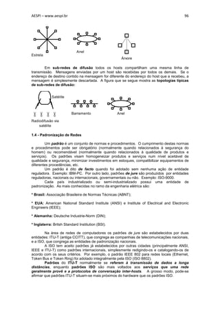 AESPI – www.aespi.br                                                                    96




                             Anel
Estrela
                                                     Árvore

       Em sub-redes de difusão todos os hosts compartilham uma mesma linha de
transmissão. Mensagens enviadas por um host são recebidas por todos os demais. Se o
endereço de destino contido na mensagem for diferente do endereço do host que a recebeu, a
mensagem é simplesmente descartada. A figura que se segue mostra as topologias típicas
de sub-redes de difusão:


             Satélite



                         Barramento                Anel

Radiodifusão via
    satélite

1.4 - Padronização de Redes

        Um padrão é um conjunto de normas e procedimentos. O cumprimento destas normas
e procedimentos pode ser obrigatório (normalmente quando relacionados à segurança do
homem) ou recomendável (normalmente quando relacionados à qualidade de produtos e
serviços). Os padrões visam homogeneizar produtos e serviços num nível aceitável de
qualidade e segurança, minimizar investimentos em estoques, compatibilizar equipamentos de
diferentes procedências, etc.
        Um padrão é dito de facto quando foi adotado sem nenhuma ação de entidade
reguladora. Exemplo: IBM-PC. Por outro lado, padrões de jure são produzidos por entidades
reguladoras, nacionais ou internacionais, governamentais ou não. Exemplo: ISO-9000.
        Cada país industrializado ou semi-industrializado possui uma entidade de
padronização. As mais conhecidas no ramo da engenharia elétrica são:

* Brasil: Associação Brasileira de Normas Técnicas (ABNT);

* EUA: American National Standard Institute (ANSI) e Institute of Electrical and Electronic
Engineers (IEEE);

* Alemanha: Deutsche Industrie-Norm (DIN);

* Inglaterra: Britsh Standard Institution (BSI).

        Na área de redes de computadores os padrões de jure são estabelecidos por duas
entidades: ITU-T (antiga CCITT), que congrega as companhias de telecomunicações nacionais,
e a ISO, que congrega as entidades de padronização nacionais.
        A ISO tem aceito padrões já estabelecidos por outras cidades (principalmente ANSI,
IEEE e ITU-T) como padrões internacionais, simplesmente redigindo-os e catalogando-os de
acordo com os seus critérios. Por exemplo, o padrão IEEE 802 para redes locais (Ethernet,
Token Bus e Token Ring) foi adotado integralmente pela ISO (ISO 8802).
        Padrões do ITU-T normalmente se referem à transmissão de dados a longa
distâncias, enquanto padrões ISO são mais voltados aos serviços que uma rede
geralmente provê e a protocolos de conversação inter-hosts. A grosso modo, pode-se
afirmar que padrões ITU-T situam-se mais próximos do hardware que os padrões ISO.
 