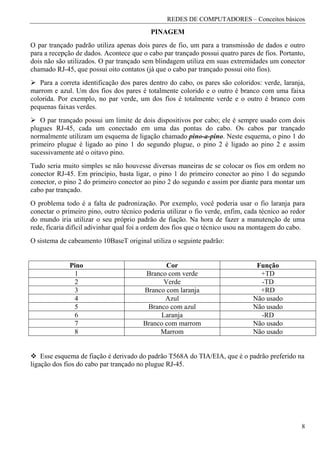 REDES DE COMPUTADORES – Conceitos básicos
                                          PINAGEM
O par trançado padrão utiliza apenas dois pares de fio, um para a transmissão de dados e outro
para a recepção de dados. Acontece que o cabo par trançado possui quatro pares de fios. Portanto,
dois não são utilizados. O par trançado sem blindagem utiliza em suas extremidades um conector
chamado RJ-45, que possui oito contatos (já que o cabo par trançado possui oito fios).
   Para a correta identificação dos pares dentro do cabo, os pares são coloridos: verde, laranja,
marrom e azul. Um dos fios dos pares é totalmente colorido e o outro é branco com uma faixa
colorida. Por exemplo, no par verde, um dos fios é totalmente verde e o outro é branco com
pequenas faixas verdes.
   O par trançado possui um limite de dois dispositivos por cabo; ele é sempre usado com dois
plugues RJ-45, cada um conectado em uma das pontas do cabo. Os cabos par trançado
normalmente utilizam um esquema de ligação chamado pino-a-pino. Neste esquema, o pino 1 do
primeiro plugue é ligado ao pino 1 do segundo plugue, o pino 2 é ligado ao pino 2 e assim
sucessivamente até o oitavo pino.
Tudo seria muito simples se não houvesse diversas maneiras de se colocar os fios em ordem no
conector RJ-45. Em princípio, basta ligar, o pino 1 do primeiro conector ao pino 1 do segundo
conector, o pino 2 do primeiro conector ao pino 2 do segundo e assim por diante para montar um
cabo par trançado.
O problema todo é a falta de padronização. Por exemplo, você poderia usar o fio laranja para
conectar o primeiro pino, outro técnico poderia utilizar o fio verde, enfim, cada técnico ao redor
do mundo iria utilizar o seu próprio padrão de fiação. Na hora de fazer a manutenção de uma
rede, ficaria difícil adivinhar qual foi a ordem dos fios que o técnico usou na montagem do cabo.
O sistema de cabeamento 10BaseT original utiliza o seguinte padrão:


             Pino                              Cor                              Função
              1                          Branco com verde                        +TD
              2                               Verde                              -TD
              3                         Branco com laranja                       +RD
              4                                Azul                            Não usado
              5                          Branco com azul                       Não usado
              6                              Laranja                             -RD
              7                         Branco com marrom                      Não usado
              8                              Marrom                            Não usado


    Esse esquema de fiação é derivado do padrão T568A do TIA/EIA, que é o padrão preferido na
ligação dos fios do cabo par trançado no plugue RJ-45.




                                                                                                8
 
