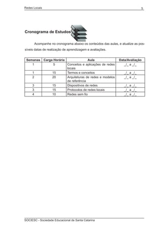 Redes Locais	                                                                     5




Cronograma de Estudos

	          Acompanhe no cronograma abaixo os conteúdos das aulas, e atualize as pos-
síveis datas de realização de aprendizagem e avaliações.


    Semanas      Carga Horária               Aula                  Data/Avaliação
       1               5       Conceitos e aplicações de redes        _/_ a _/_
                               locais
       1              15       Termos e conceitos                     _/_ a _/_
       2              20       Arquiteturas de redes e modelos        _/_ a _/_
                               de referência
       3              15       Dispositivos de redes                  _/_ a _/_
       3              15       Protocolos de redes locais             _/_ a _/_
       4              10       Redes sem fio                          _/_ a _/_




SOCIESC - Sociedade Educacional de Santa Catarina						
 
