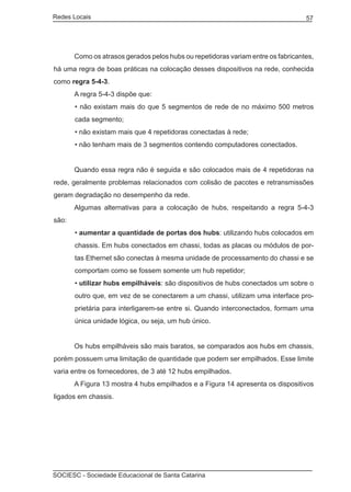 Redes Locais	                                                                     57




	      Como os atrasos gerados pelos hubs ou repetidoras variam entre os fabricantes,
há uma regra de boas práticas na colocação desses dispositivos na rede, conhecida
como regra 5-4-3.
	      A regra 5-4-3 dispõe que:
       • não existam mais do que 5 segmentos de rede de no máximo 500 metros
       cada segmento;
       • não existam mais que 4 repetidoras conectadas à rede;
       • não tenham mais de 3 segmentos contendo computadores conectados.


	      Quando essa regra não é seguida e são colocados mais de 4 repetidoras na
rede, geralmente problemas relacionados com colisão de pacotes e retransmissões
geram degradação no desempenho da rede.
	      Algumas alternativas para a colocação de hubs, respeitando a regra 5-4-3
são:
       • aumentar a quantidade de portas dos hubs: utilizando hubs colocados em
       chassis. Em hubs conectados em chassi, todas as placas ou módulos de por-
       tas Ethernet são conectas à mesma unidade de processamento do chassi e se
       comportam como se fossem somente um hub repetidor;
       • utilizar hubs empilháveis: são dispositivos de hubs conectados um sobre o
       outro que, em vez de se conectarem a um chassi, utilizam uma interface pro-
       prietária para interligarem-se entre si. Quando interconectados, formam uma
       única unidade lógica, ou seja, um hub único.


	      Os hubs empilháveis são mais baratos, se comparados aos hubs em chassis,
porém possuem uma limitação de quantidade que podem ser empilhados. Esse limite
varia entre os fornecedores, de 3 até 12 hubs empilhados.
	      A Figura 13 mostra 4 hubs empilhados e a Figura 14 apresenta os dispositivos
ligados em chassis.




SOCIESC - Sociedade Educacional de Santa Catarina						
 