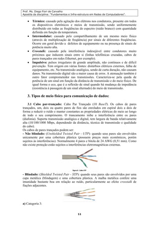 Prof. Ms. Diego Fiori de Carvalho
Apostila da disciplina: “Fundamentos e Infra-estrutura em Redes de Computadores”.
11
• Térmico: causado pela agitação dos elétrons nos condutores, presente em todos
os dispositivos eletrônicos e meios de transmissão, sendo uniformemente
distribuído em todas as freqüências do espectro (ruído branco) com quantidade
definida em função da temperatura.
• Intermodular: causado pelo compartilhamento de um mesmo meio físico
(através de multiplexação de freqüência) por sinais de diferentes freqüências.
Ocorre em geral devido a defeitos de equipamento ou na presença de sinais de
potência muito alta.
• Crosstalk: causado pela interferência indesejável entre condutores muito
próximos que induzem sinais entre si (linhas telefônicas cruzadas, cabos de
pares trançados em redes Ethernet, por exemplo).
• Impulsivo: pulsos irregulares de grande amplitude, não contínuos e de difícil
prevenção. Tem origem em várias fontes: distúrbios elétricos externos, falha de
equipamento, etc. Na transmissão analógica, sendo de curta duração, não causam
danos. Na transmissão digital são a maior causa de erros. A atenuação também é
outro fator comprometedor nas transmissões. Caracteriza-se pela queda de
potência de um sinal em função da distância de transmissão e do meio físico. De
igual forma o eco, que é a reflexão de sinal quando há mudança da impedância
(resistência à passagem de um sinal alternado) do meio de transmissão.
3. Tipos de meio físico para comunicação de dados:
3.1 Cabo par-trançado: Cabo Par Trançado (10 BaseT). Os cabos de pares
trançados, um, dois ou quatro pares de fios são enrolados em espiral dois a dois de
forma a reduzir o ruído e manter constantes as propriedades elétricas do meio ao longo
de todo o seu comprimento. O trancamento inibe a interferência entre os pares
(diafonia). Suporta transmissão analógica e digital, tem largura de banda relativamente
alta (10/100/1000 Mbps, dependendo da distância, técnica de transmissão e qualidade
do cabo).
Os cabos de pares trançados podem ser:
- Não blindado: (Unshielded Twisted Pair - UTP): quando seus pares são envolvidos
unicamente por uma cobertura plástica (possuem preços mais econômicos, porém
sujeitos às interferências). Normalmente 4 pares e bitola de 24 AWG (0,51 mm). Como
não existe proteção estão sujeitos a interferências eletromagnéticas externas.
- Blindado: (Shielded Twisted Pair - STP): quando seus pares são envolvidos por uma
capa metálica (blindagem) e uma cobertura plástica. A malha metálica confere uma
imunidade bastante boa em relação ao ruído, particularmente ao efeito crosstalk de
fiações adjacentes.
a) Categoria 3:
 