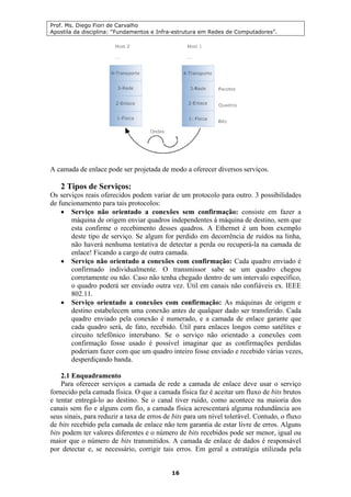 Prof. Ms. Diego Fiori de Carvalho
Apostila da disciplina: “Fundamentos e Infra-estrutura em Redes de Computadores”.
16
A camada de enlace pode ser projetada de modo a oferecer diversos serviços.
2 Tipos de Serviços:
Os serviços reais oferecidos podem variar de um protocolo para outro. 3 possibilidades
de funcionamento para tais protocolos:
• Serviço não orientado a conexões sem confirmação: consiste em fazer a
máquina de origem enviar quadros independentes à máquina de destino, sem que
esta confirme o recebimento desses quadros. A Ethernet é um bom exemplo
deste tipo de serviço. Se algum for perdido em decorrência de ruídos na linha,
não haverá nenhuma tentativa de detectar a perda ou recuperá-la na camada de
enlace! Ficando a cargo de outra camada.
• Serviço não orientado a conexões com confirmação: Cada quadro enviado é
confirmado individualmente. O transmissor sabe se um quadro chegou
corretamente ou não. Caso não tenha chegado dentro de um intervalo específico,
o quadro poderá ser enviado outra vez. Útil em canais não confiáveis ex. IEEE
802.11.
• Serviço orientado a conexões com confirmação: As máquinas de origem e
destino estabelecem uma conexão antes de qualquer dado ser transferido. Cada
quadro enviado pela conexão é numerado, e a camada de enlace garante que
cada quadro será, de fato, recebido. Útil para enlaces longos como satélites e
circuito telefônico interubano. Se o serviço não orientado a conexões com
confirmação fosse usado é possível imaginar que as confirmações perdidas
poderiam fazer com que um quadro inteiro fosse enviado e recebido várias vezes,
desperdiçando banda.
2.1 Enquadramento
Para oferecer serviços a camada de rede a camada de enlace deve usar o serviço
fornecido pela camada física. O que a camada física faz é aceitar um fluxo de bits brutos
e tentar entregá-lo ao destino. Se o canal tiver ruído, como acontece na maioria dos
canais sem fio e alguns com fio, a camada física acrescentará alguma redundância aos
seus sinais, para reduzir a taxa de erros de bits para um nível tolerável. Contudo, o fluxo
de bits recebido pela camada de enlace não tem garantia de estar livre de erros. Alguns
bits podem ter valores diferentes e o número de bits recebidos pode ser menor, igual ou
maior que o número de bits transmitidos. A camada de enlace de dados é responsável
por detectar e, se necessário, corrigir tais erros. Em geral a estratégia utilizada pela
 