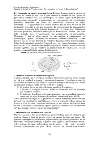 Prof. Ms. Diego Fiori de Carvalho
Apostila da disciplina: “Fundamentos e Infra-estrutura em Redes de Computadores”.
29
2.1 Comutação de pacotes store-and-forward: Antes de começarmos a explicar os
detalhes da camada de rede, vale a pena redefinir o contexto em que operam os
protocolos a camada de rede. Esse contexto pode ser visto na Figura 5.1. Os principais
componentes do sistema são o equipamento da concessionária de comunicações
(roteadores conectados por linhas de transmissão), mostrados na elipse
sombreada, e o equipamento dos clientes, mostrado fora da elipse. O host H1 está
diretamente conectado a um dos roteadores da concessionária de comunicações,
denominado A, por uma linha dedicada. Em contraste, H2 está em uma LAN com um
roteador F pertencente ao cliente e operado por ele. Esse roteador também tem uma
linha dedicada para o equipamento da concessionária de comunicações.
Mostramos F fora da elipse porque ele não pertence à concessionária de
comunicações; porém, em termos de construção, software e protocolos, é bem
provável que ele não seja diferente dos roteadores da concessionária de comunicações.
O fato de ele pertencer à sub-rede é discutível mas, para os propósitos deste capítulo,
roteadores no local do cliente são considerados parte da sub-rede, porque escutam os
mesmos algoritmos que os roteadores da concessionária de comunicações (e nossa
principal preocupação aqui é o estudo dos algoritmos).
2.2 Serviços oferecidos à camada de transporte
A camada de rede oferece serviços à camada de transporte na interface entre a camada
de rede e a camada de transporte. Uma questão importante é identificar os tipos de
serviços que a camada de rede oferece à camada de transporte. Os serviços da camada
de rede foram projetados tendo em vista os objetivos a seguir.
1. Os serviços devem ser independentes da tecnologia de roteadores.
2. A camada de transporte deve ser isolada do número,do tipo e da topologia
dos roteadores presentes.
3. Os endereços de rede que se tornaram disponíveis para a camada de transporte
devem usar um plano de numeração uniforme, mesmo nas LANs e WANs.
Tendo definido esses objetivos, os projetistas da camada de rede têm muita liberdade
para escrever especificações detalhadas dos serviços a serem oferecidos à camada de
transporte. Essa liberdade costuma se transformar em uma violenta batalha entre duas
facções. A discussão se concentra na seguinte questão: a camada de rede deve fornecer
serviço orientado a conexões ou serviço sem conexões?
2.3 Implementação do serviço sem conexões
Depois de analisar as duas classes de serviço que a camada de rede pode oferecer a seus
usuários, chegou a hora de vermos como essa camada funciona por dentro. São
possíveis duas organizações diferentes, dependendo do tipo de serviço oferecido. Se for
oferecido o serviço sem conexões, os pacotes serão injetados individualmente na sub-
rede e roteados de modo independente uns dos outros. Não será necessária
nenhuma configuração antecipada. Nesse contexto, os pacotes freqüentemente
 