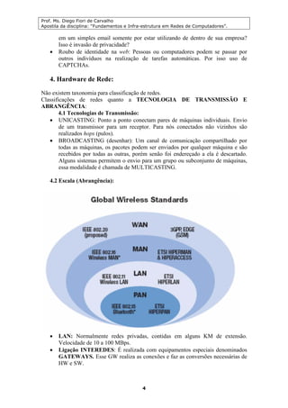 Prof. Ms. Diego Fiori de Carvalho
Apostila da disciplina: “Fundamentos e Infra-estrutura em Redes de Computadores”.
4
em um simples email somente por estar utilizando de dentro de sua empresa?
Isso é invasão de privacidade?
• Roubo de identidade na web: Pessoas ou computadores podem se passar por
outros indivíduos na realização de tarefas automáticas. Por isso uso de
CAPTCHAs.
4. Hardware de Rede:
Não existem taxonomia para classificação de redes.
Classificações de redes quanto a TECNOLOGIA DE TRANSMISSÃO E
ABRANGÊNCIA:
4.1 Tecnologias de Transmissão:
• UNICASTING: Ponto a ponto conectam pares de máquinas individuais. Envio
de um transmissor para um receptor. Para nós conectados não vizinhos são
realizados hops (pulos).
• BROADCASTING (desenhar): Um canal de comunicação compartilhado por
todas as máquinas, os pacotes podem ser enviados por qualquer máquina e são
recebidos por todas as outras, porém senão foi endereçado a ela é descartado.
Alguns sistemas permitem o envio para um grupo ou subconjunto de máquinas,
essa modalidade é chamada de MULTICASTING.
4.2 Escala (Abrangência):
• LAN: Normalmente redes privadas, contidas em alguns KM de extensão.
Velocidade de 10 a 100 MBps.
• Ligação INTEREDES: É realizada com equipamentos especiais denominados
GATEWAYS. Esse GW realiza as conexões e faz as conversões necessárias de
HW e SW.
 