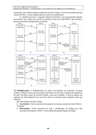 Prof. Ms. Diego Fiori de Carvalho
Apostila da disciplina: “Fundamentos e Infra-estrutura em Redes de Computadores”.
49
requisição). Isso finaliza apenas metade da conexão. Então, o outro host também precisa
iniciar um FIN, e o host receptor precisa acusar seu recebimento.
O método grosseiro, o segundo método de término é um encerramento abrupto
da conexão. Isso é feito com um host enviando ao outro um flag RESET, que sinaliza o
desejo de terminar abruptamente a conexão.
3.3 Multiplexação: A multiplexação de várias conversações em conexões, circuitos
virtuais e enlaces físicos tem um papel importante em diversas camadas da arquitetura
de rede. Ela pode surgir de diversas formas, como por exemplo, se houver apenas um
endereço de rede disponível em um host, todas as conexões nessa máquina terão que
utilizá-la.
São classificadas de duas formas:
• Ascendente: Várias conexões de transporte na mesma conexão de rede. Motivo:
Tarifação.
• Descendente: Várias conexões de rede e distribuição do tráfego por uma
conexão de transporte. Motivo: Necessidade de grande largura de banda.
 