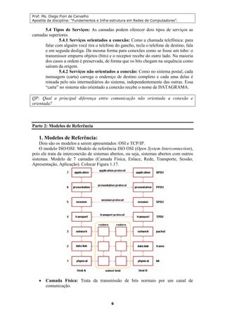 Prof. Ms. Diego Fiori de Carvalho
Apostila da disciplina: “Fundamentos e Infra-estrutura em Redes de Computadores”.
6
5.4 Tipos de Serviços: As camadas podem oferecer dois tipos de serviços as
camadas superiores.
5.4.1 Serviços orientados a conexão: Como a chamada telefônica: para
falar com alguém você tira o telefone do gancho, tecla o telefone de destino, fala
e em seguida desliga. Da mesma forma para conexões como se fosse um tubo: o
transmissor empurra objetos (bits) e o receptor recebe do outro lado. Na maioria
dos casos a ordem é preservada, de forma que os bits chegam na sequência como
saíram da origem.
5.4.2 Serviços não orientados a conexão: Como no sistema postal, cada
mensagem (carta) carrega o endereço de destino completo e cada uma delas é
roteada pelo nós intermediários do sistema, independentemente das outras. Essa
“carta” no sistema não orientado a conexão recebe o nome de DATAGRAMA.
QP: Qual a principal diferença entre comunicação não orientada a conexão e
orientada?
Parte 2: Modelos de Referência
1. Modelos de Referência:
Dois são os modelos a serem apresentados: OSI e TCP/IP.
O modelo ISO/OSI: Modelo de referência ISO OSI (Open System Interconnection),
pois ele trata da interconexão de sistemas abertos, ou seja, sistemas abertos com outros
sistemas. Modelo de 7 camadas (Camada Física, Enlace, Rede, Transporte, Sessão,
Apresentação, Aplicação). Colocar Figura 1.17.
• Camada Física: Trata da transmissão de bits normais por um canal de
comunicação.
 