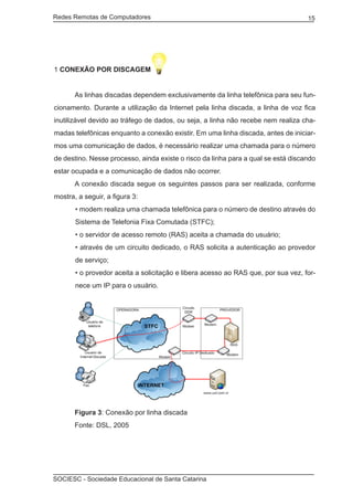 Redes Remotas de Computadores	                                                     15




1 CONEXÃO POR DISCAGEM


	      As linhas discadas dependem exclusivamente da linha telefônica para seu fun-
cionamento. Durante a utilização da Internet pela linha discada, a linha de voz fica
inutilizável devido ao tráfego de dados, ou seja, a linha não recebe nem realiza cha-
madas telefônicas enquanto a conexão existir. Em uma linha discada, antes de iniciar-
mos uma comunicação de dados, é necessário realizar uma chamada para o número
de destino. Nesse processo, ainda existe o risco da linha para a qual se está discando
estar ocupada e a comunicação de dados não ocorrer.
	      A conexão discada segue os seguintes passos para ser realizada, conforme
mostra, a seguir, a figura 3:
       • modem realiza uma chamada telefônica para o número de destino através do
       Sistema de Telefonia Fixa Comutada (STFC);
       • o servidor de acesso remoto (RAS) aceita a chamada do usuário;
       • através de um circuito dedicado, o RAS solicita a autenticação ao provedor
       de serviço;
       • o provedor aceita a solicitação e libera acesso ao RAS que, por sua vez, for-
       nece um IP para o usuário.




		     Figura 3: Conexão por linha discada
		     Fonte: DSL, 2005




SOCIESC - Sociedade Educacional de Santa Catarina						
 