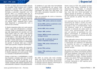 Ano 1 - Nº 6 - Junho
                       2007                                                                                               | Especial
  No TCP, os dados são transmitidos através       O problema é que toda esta formalidade              Assim como no TCP, são usados pacotes
  de conexões. Tudo começa com o cliente          torna as transferências um pouco mais               de até 1550 bytes, contendo os bits
  enviando o pacote "SYN", que solicita a         lentas. Imagine que, para transmitir uma            adicionais de verificação. A estação
  abertura da conexão. Caso a porta esteja        mensagem de texto com 300 bytes, via                pode verificar a integridade dos paco-
  fechada, o servidor responde com um             TCP, seria necessário transmitir um total           tes, mas não tem como perceber se
  pacote "RST" e a conversa para por aí.          de 9 pacotes!                                       algum pacote se perdeu, ou solicitar a
  Caso, por outro lado, exista algum servidor                                                         retransmissão de um pacote corrompido.
  disponível na porta solicitada (um servidor     Veja um exemplo de como a transmis-                 Se um pacote se perde, fica por isso
  apache, por exemplo), então ele responde        são funcionaria:                                    mesmo.
  com outro pacote "SYN", seguido de um
  um pacote "ACK", avisando que a porta               Estação: SYN (solicita a abertura da conexão)   Um exemplo típico do uso do UDP é o
  está disponível e prosseguindo com a                                                                streaming de vídeo e audio via web,
  abertura da conexão.                                Servidor: SYN (confirma o recebimento e avisa   uma situação onde o que vale é a ve-
                                                      que a porta está disponível)                    locidade e não a confiabilidade. Você
  O cliente responde então com outro pacote                                                           não gostaria nada se o navegador
  "ACK", o que abre oficialmente a conexão.           Servidor: ACK (inicia a conexão)                parasse a exibição do vídeo para so-
  Começa então a transferência dos dados,                                                             licitar uma retransmissão cada vez
  que são organizados em pacotes com até              Estação: ACK (confirma)                         que um pacote se perdesse ou che-
  1550 bytes cada um. Para cada pacote                                                                gasse corrompido. É preferível que
  recebido, a estação envia um pacote de              Estação: DATA (é enviado o pacote com a         ele pule o quadro e continue exibindo
                                                      mensagem de texto)
  confirmação e, caso algum pacote se per-                                                            o restante do vídeo.
  ca, ela solicita a retransmissão. Cada paco-
                                                      Servidor: OK (a confirmação, depois de          Outra aplicação comum são os servidores
  te inclui 4 bytes adicionais com um código
                                                      verificar a integridade do pacote)              DNS. Sempre que você acessa um site,
  de CRC, que permite verificar a integridade
  do pacote. É através dele que o cliente                                                             a solicitação do endereço IP referente
                                                      Estação: FYN (solicita o fechamento da          ao domínio do site e a resposta do
  sabe quais pacotes chegaram danificados.            conexão)                                        servidor são enviadas via UDP, para
  Depois que todos os dados são transmiti-                                                            ganhar tempo.
                                                      Servidor: FYN (confirma)
  dos, o servidor envia um pacote "FYN" que
  avisa que não tem mais nada a transmitir.                                                           Na prática, é bem raro encontrar algum
                                                      Estação: FYN (confirma que recebeu a            programa que utilize unicamente pacotes
  O cliente responde com outro pacote "FYN"
                                                      confirmação)                                    UDP para qualquer coisa além do envio
  e a conexão é oficialmente encerrada.
                                                                                                      de mensagens curtas. Mesmo no caso
  Graças a tudo isso, a confiabilidade é muito                                                        do streaming de vídeo, é quase sempre
  boa. Quando a conexão está ruim, é normal       No UDP, as coisas são mais simples.                 usada uma porta TCP para estabelecer
  ocorrerem mais perdas de pacotes e re-          Nele não existe abertura de conexão,                a conexão e enviar informações de
  transmissões, mas as corrupções são geral-      os pacotes são transmitidos diretamente.            controle, deixando o UDP apenas para
  mente causadas pelo próprio programa que        A estação solicita alguma informação e              o envio dos dados.
  está baixando o arquivo e não pelo protocolo.   o servidor envia a resposta.

www.guiadohardware.net :: Revista                                    Índice                                                 Especial Redes :: 24
 