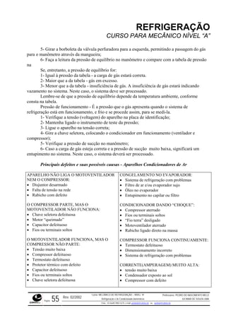REFRIGERAÇÃO
CURSO PARA MECÂNICO NÍVEL “A”
5- Girar a borboleta da válvula perfuradora para a esquerda, permitindo a passagem do gás
para o
are com a tabela de pressão
na
1- Igual à pressão da tabela - a carga de gás estará correta.
.
a tabela - insuficiência de s do
Neste caso, o sistema deve
a pressão de equilíbrio d ambiente, conforme
que o gás apresenta quando o sistema de
o e se pro
o aparelh n o;
o instrumento de teste d
lho na tensão correta;
etora, colocando o condi tilador e
anôm
a pre
a. Neste caso, o sistema dev
s e suas possíveis causas - Aparelhos Condicionadores de Ar
O MOTOVENTILADOR
Falta de tensão na rede
ARTE, MAS O
FUNCIONA:
sa
o
soltos
S O
Tensão muito baixa
• Compressor defeituoso
• Termostato defeituoso
• Protetor térmico com defeito
Capacitor defeituoso
Fios
• Chav
O EVAPORADOR:
mas
or sujo
r ou filtro
HOQUE”:
MPRESSOR FUNCIONA CONTINUAMENTE:
mento incorreto
as
) MUITO ALTA:
• tensão muito baixa
l
manômetro através da mangueira;
6- Faça a leitura da pressão de equilíbrio no manômetro e comp
Se, entretanto, a pressão de equilíbrio for:
2- Maior que a da tabela - gás em excesso
3- Menor que a d gá . A insuficiência de gás estará indican
vazamento no sistema. ser processado.
Lembre-se de que epende da temperatura
consta na tabela.
Pressão de funcionamento - É a pressão
refrigeração está em funcionamento, e fri
o (voltagem) d
cede assim, para se medi-la.
1- Verifique a tensã
2- Mantenha ligado
o a placa de identificaçã
a pressão;
3- Ligue o apare
4- Gire a chave sel
ompressor);
cionador em funcionamento (ven
c
5- Verifique a pressão de sucção no m
6- Caso a carga de gás esteja correta e
etro;
ã ixa, significará umss o de sucção muito ba
entupimento no sistem erá ser processado.
Principais defeito
APARELHO NÃO LIGA
NEM O COMPRESSOR:
• Disjuntor desarmado
•
• Rabicho com defeito
O COMPRESSOR P
MOTOVENTILADOR NÃO
• Chave seletora defeituo
• Motor “queimado”
• Capacitor defeituos
• Fios ou terminais
O MOTOVENTILADOR FUNCIONA, MA
OMPRESSOR NÃO PARTE:C
•
•
• ou terminais soltos
e seletora defeituosa
• Condensador exposto ao so
• Compressor com defeito
CONGELAMENTO N
• Sistema de refrigeração com proble
• Filtro de ar e/ou evaporad
• Óleo no evaporador
• Entupimento no capila
ONDICIONADOR DANDO “CC
• Compressor aterrado
• Fios ou terminais soltos
• “Fio terra” desligado
• Motoventilador aterrado
• Rabicho ligado direto na massa
OC
• Termostato defeituoso
• Dimensiona
• Sistema de refrigeração com problem
CORRENTE(AMPERAGEM
Rev. 02/2002
Curso: MECÂNICO DE REFRIGERAÇÃO – NÍVEL “A”
Refrigeração e Ar-Condicionado domésticos
Professores: PEDRO DO NASCIMENTO MELO
JUCIMAR DE SOUZA LIMA
Página 55 Fone - 55 0xx85 9982-5275; e-mail: penmelo@cefetce.br ou jucimar@cefetce.br
 