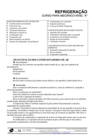 REFRIGERAÇÃO
CURSO PARA MECÂNICO NÍVEL “A”
BAIXO
r mal instalado
• Filtr
• com o
• Term ituoso
• Obstrução à saída do ar
• Con
• Evap
• Motoventilador com defeito
• Siste com problemas
• Capacitor defeituoso
• Excesso de fluido refrigerante
CONDICIONADOR MUITO BARULHENTO:
• Aparelho mal instalado
• Ventiladores desbalanceados ou roçando
• Tubulações vibrando
AMBIENTE:
da do aparelho
RENDIMENTO DO APARELHO:
• Condicionado
• Condensador sem ventilação
o de ar sujo
pressor com defeit
ostato defe
densador sujo
orador sujo • Compressor com problema mecânico
• Buchas do motoventilador
ma de refrigeração
VAZAMENTO D’ÁGUA PARA DENTRO DO
• Inclinação inadequa
• Dreno entupido
• Evaporador congelando
•MANUTENÇÃO DOS CONDICIONADORES DE AR
Aconselhamos
Sempre que for consertar um aparelho condicionador de ar, siga esta seqüência de
procedimento:
Diagnóstico
Processamento
Controle
Recomendamos
Revisar todos os fatores que podem causar defeitos a um aparelho condicionador de ar.
ALERTAMOS
Que o compressor dificilmente é causador de defeitos e, antes de substituí-lo, responda a
estas tr
r a limpeza periódica dos filtros de poeira, pois a pureza do ar no ambiente
condicionado, depende da limpeza dos filtros.
dos filtros é também responsável pelo perfeito funcionamento à máxima
capacid
semana. A lavagem é feita com água morna e sabão
em pó e o
.
ês perguntas:
Deve o compressor ser substituído?
Antes de condená-lo, realizei os testes indicados neste manual?
Como evitar a repetição do defeito?
Deve-se procede
A limpeza
ade do condicionador.
Atenção: O período de limpeza depende da intensidade de uso do aparelho e da pureza de ar
do ambiente. Aconselha-se limpar uma vez por
(sabão neutro) e em seguida deixa-se secar bem antes de recolocar no aparelho. Não deix
aparelho funcionar sem os filtros.
O conjunto de condensador e evaporador de ar deve ser limpo pelo menos uma vez por ano
O condensador e o evaporador devem ser limpos de pós e detritos que ali são retidos e
acumulados, prejudicando o seu bom desempenho.
Rev. 02/2002
Curso: MECÂNICO DE REFRIGERAÇÃO – NÍVEL “A”
Refrigeração e Ar-Condicionado domésticos
Professores: PEDRO DO NASCIMENTO MELO
JUCIMAR DE SOUZA LIMA
Página 56 Fone - 55 0xx85 9982-5275; e-mail: penmelo@cefetce.br ou jucimar@cefetce.br
 