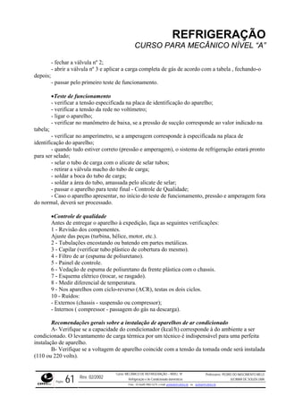 REFRIGERAÇÃO
CURSO PARA MECÂNICO NÍVEL “A”
- fechar a válvula nº 2;
- abrir a válvula nº 3 e aplicar a carga completa de gás de acordo com a tabela , fechando-o
depois;
te de funcionamento.
icação do aparelho;
ressão de sucção corresponde ao valor indicado na
tabela;
a placa de
identifi
e amperagem), o sistema de refrigeração estará pronto
para se
de carga com o alicate de selar tubos;
soldar a área do tubo, amassada pelo alicate de selar;
ora
egar o aparelho à expedição, faça as seguintes verificações:
lice, motor, etc.).
o de cobertura do mesmo).
, se rasgado).
erso (ACR), testas os dois ciclos.
relhos de ar condicionado
- Verifique se a capacidade do condicionador (kcal/h) corresponde à do ambiente a ser
condici r um técnico é indispensável para uma perfeita
instalaç
- Verifique se a voltagem de aparelho coincide com a tensão da tomada onde será instalada
(110 ou 220 volts).
- passar pelo primeiro tes
•Teste de funcionamento
- verificar a tensão especificada na placa de identif
- verificar a tensão da rede no voltímetro;
- ligar o aparelho;
- verificar no manômetro de baixa, se a p
- verificar no amperímetro, se a amperagem corresponde à especificada n
cação do aparelho;
- quando tudo estiver correto (pressão
r selado;
- selar o tubo
- retirar a válvula macho do tubo de carga;
- soldar a boca do tubo de carga;
-
- passar o aparelho para teste final - Controle de Qualidade;
- Caso o aparelho apresentar, no início do teste de funcionamento, pressão e amperagem f
do normal, deverá ser processado.
•Controle de qualidade
Antes de entr
1 - Revisão dos componentes.
Ajuste das peças (turbina, hé
2 - Tubulações encostando ou batendo em partes metálicas.
3 - Capilar (verificar tubo plástic
4 - Filtro de ar (espuma de poliuretano).
5 - Painel de controle.
6 - Vedação de espuma de poliuretano da frente plástica com o chassis.
7 - Esquema elétrico (trocar
8 - Medir diferencial de temperatura.
9 - Nos aparelhos com ciclo-rev
10 - Ruídos:
- Externos (chassis - suspensão ou compressor);
- Internos ( compressor - passagem do gás na descarga).
Recomendações gerais sobre a instalação de apa
A
onado. O levantamento de carga térmica po
o de aparelho.ã
B
Rev. 02/2002
Curso: MECÂNICO DE REFRIGERAÇÃO – NÍVEL “A”
Refrigeração e Ar-Condicionado domésticos
Professores: PEDRO DO NASCIMENTO MELO
JUCIMAR DE SOUZA LIMA
Página 61 Fone - 55 0xx85 9982-5275; e-mail: penmelo@cefetce.br ou jucimar@cefetce.br
 