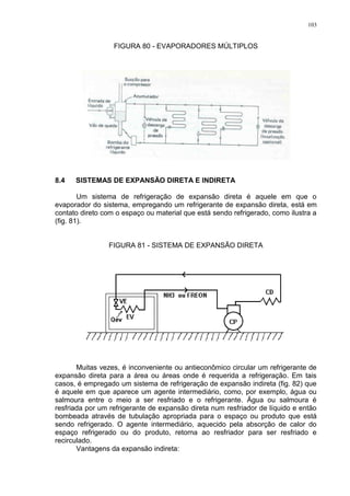 103
FIGURA 80 - EVAPORADORES MÚLTIPLOS
8.4 SISTEMAS DE EXPANSÃO DIRETA E INDIRETA
Um sistema de refrigeração de expansão direta é aquele em que o
evaporador do sistema, empregando um refrigerante de expansão direta, está em
contato direto com o espaço ou material que está sendo refrigerado, como ilustra a
(fig. 81).
FIGURA 81 - SISTEMA DE EXPANSÃO DIRETA
Muitas vezes, é inconveniente ou antieconômico circular um refrigerante de
expansão direta para a área ou áreas onde é requerida a refrigeração. Em tais
casos, é empregado um sistema de refrigeração de expansão indireta (fig. 82) que
é aquele em que aparece um agente intermediário, como, por exemplo, água ou
salmoura entre o meio a ser resfriado e o refrigerante. Água ou salmoura é
resfriada por um refrigerante de expansão direta num resfriador de líquido e então
bombeada através de tubulação apropriada para o espaço ou produto que está
sendo refrigerado. O agente intermediário, aquecido pela absorção de calor do
espaço refrigerado ou do produto, retorna ao resfriador para ser resfriado e
recirculado.
Vantagens da expansão indireta:
 
