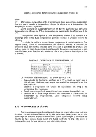110
- escolher a diferença de temperatura do evaporador, T(tab. 2);
onde
T diferença de temperatura entre a temperatura do ar que entra no evaporador
(tomado como sendo a temperatura interna da câmara) e a temperatura de
evaporação do fluido frigorífico.
Como exemplo um evaporador com um T de 6o
C, quer dizer que com uma
temperatura na câmara de 7o
C, a temperatura de evaporação do refrigerante é de
1o
C.
O evaporador deve operar a uma temperatura inferior à da câmara e a
diferença entre estas duas temperaturas permite controlar a umidade dentro da
câmara.
O controle da umidade em ambientes refrigerados é muito importante. Em
alguns casos, como no armazenamento de verduras frescas, a umidade do
ambiente deve ser mantida elevada para preservar a qualidade do produto. Em
outros, como no caso de câmaras de resfriamento de carnes, a umidade deve ser
mantida baixa a fim de evitar a formação de névoa e o gotejamento de água sobre
o produto.
TABELA 2 - DIFERENÇA DE TEMPERATURA, T
SISTEMA T
Unidade Evaporadora - alta temperatura 3 a 12 C
Unidade evaporadora - baixa temperatura 4 a 8 C
Condensador remoto para refrigeração 5 a 8 C
Ar condicionado 10 a 17 C
Os fabricantes trabalham com T da ordem de 6o
C a 8o
C.
- Dependendo do fabricante, verificar se o T é igual ou maior que o
utilizado pelo fabricante, com o qual foram definidas as capacidades dos
evaporadores.
- Escolher o evaporador em função da capacidade em [kW] e da
temperatura de evaporação.
- Recalcular a carga térmica considerando os motores dos ventiladores.
- Verificar se a nova carga térmica não ultrapassa a capacidade do
evaporador ou evaporadores. Caso ultrapasse, escolha o(ou)
evaporador(es).
8.10 RESFRIADORES DE LÍQUIDO
Como os evaporadores de resfriamento de ar, os evaporadores que resfriam
líquidos, chamados de resfriadores de líquido, variam em tipo e projeto, de acordo
com o tipo de trabalho a que são destinados, como, por exemplo, o resfriador de
líquido do tipo carcaça-tubos (shell and tube), ilustrado na (fig. 68), onde o
refrigerante muda de fase escoando pelo interior dos tubos.
 