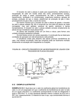 112
O trocador de calor a placas é usado para aquecimentos, resfriamentos e
recuperação de calor em muitas áreas tais como, processamento químico,
produção de polpa e papel, processamento de leite e alimentos, HVAC
(aquecimento, ventilação e ar condicionado), engenharia mecânica, geração de
energia, produção de aço e metais, plataformas de produção de gás e óleo;
processamento de gás e óleo, a bordo de navios.
Da mesma maneira que o trocador de calor a placas de gaxeta, o trocador
de calor a placas soldado (fig. 90) é construído de uma série de placas de metal
corrugadas, mas sem gaxetas, parafuso de aperto, estrutura e barras
transportadoras. O trocador de calor a placas soldado consiste simplesmente de
placas de aço inoxidável e duas placas finais.
As placas são brazadas juntas em um forno a vácuo, para formar uma
unidade compacta resistente à pressão.
Os dois fluidos correm em canais separados. A construção faz-se ideal para
condições de operação com alta temperatura e alta pressão.
A turbulência criada pelo desenho das placas promove transferência de
calor, mas retarda incrustação. Este tipo compacto pode ser facilmente montado
diretamente na tubulação sem braçadeiras ou furações.
FIGURA 90 - CIRCUITO FRIGORÍFICO DE UM RESFRIADOR DE LÍQUIDO COM
TROCADOR DE PLACAS SOLDADO
8.12 EXEMPLO ILUSTRATIVO
EXEMPLO 8.12.1: Qual deve ser o valor do coeficiente global de transferência de
calor, U, em um evaporador em que o coeficiente de transferência de calor no lado
do ar é igual a 60 W/m2
e o coeficiente correspondente no lado do refrigerante é
igual a 1200 W/m2 o
C. O tubo apresenta diâmetro interior e exterior de 20,9 mm e
26,7 mm, respectivamente. O material do tubo é aço, cuja condutividade térmica é
de 45 W/mo
C.
 