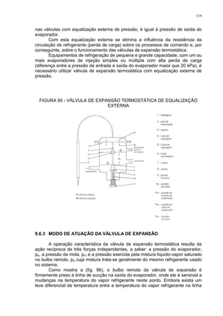 119
nas válvulas com equalização externa de pressão, é igual à pressão de saída do
evaporador.
Com esta equalização externa se elimina a influência da resistência da
circulação de refrigerante (perda de carga) sobre os processos de comando e, por
conseguinte, sobre o funcionamento das válvulas de expansão termostática.
Equipamentos de refrigeração de pequena e grande capacidade, com um ou
mais evaporadores de injeção simples ou múltipla com alta perda de carga
(diferença entre a pressão de entrada e saída do evaporador maior que 20 kPa), é
necessário utilizar válvula de expansão termostática com equalização externa de
pressão.
FIGURA 95 - VÁLVULA DE EXPANSÃO TERMOSTÁTICA DE EQUALIZAÇÃO
EXTERNA
9.6.3 MODO DE ATUAÇÃO DA VÁLVULA DE EXPANSÃO
A operação característica da válvula de expansão termostática resulta da
ação recíproca de três forças independentes, a saber: a pressão do evaporador,
pe, a pressão da mola, pm e a pressão exercida pela mistura líquido-vapor saturado
no bulbo remoto, pb cuja mistura trata-se geralmente do mesmo refrigerante usado
no sistema.
Como mostra a (fig. 96), o bulbo remoto da válvula de expansão é
firmemente preso à linha de sucção na saída do evaporador, onde ele é sensível a
mudanças na temperatura do vapor refrigerante neste ponto. Embora exista um
leve diferencial de temperatura entre a temperatura do vapor refrigerante na linha
 