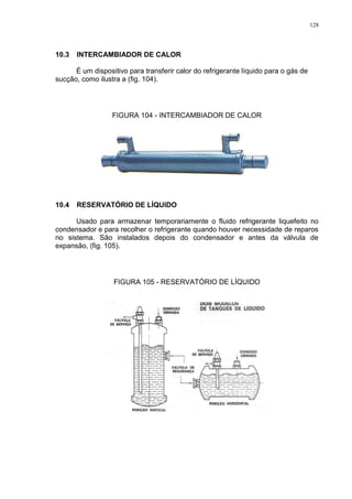 128
10.3 INTERCAMBIADOR DE CALOR
É um dispositivo para transferir calor do refrigerante líquido para o gás de
sucção, como ilustra a (fig. 104).
FIGURA 104 - INTERCAMBIADOR DE CALOR
10.4 RESERVATÓRIO DE LÍQUIDO
Usado para armazenar temporariamente o fluido refrigerante liquefeito no
condensador e para recolher o refrigerante quando houver necessidade de reparos
no sistema. São instalados depois do condensador e antes da válvula de
expansão, (fig. 105).
FIGURA 105 - RESERVATÓRIO DE LÍQUIDO
 