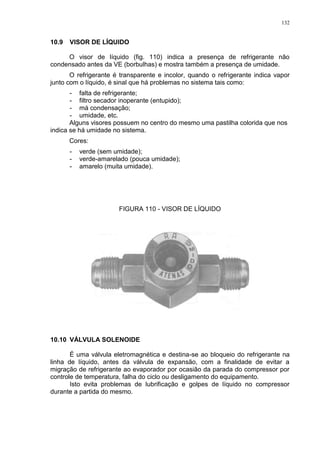132
10.9 VISOR DE LÍQUIDO
O visor de líquido (fig. 110) indica a presença de refrigerante não
condensado antes da VE (borbulhas) e mostra também a presença de umidade.
O refrigerante é transparente e incolor, quando o refrigerante indica vapor
junto com o líquido, é sinal que há problemas no sistema tais como:
- falta de refrigerante;
- filtro secador inoperante (entupido);
- má condensação;
- umidade, etc.
Alguns visores possuem no centro do mesmo uma pastilha colorida que nos
indica se há umidade no sistema.
Cores:
- verde (sem umidade);
- verde-amarelado (pouca umidade);
- amarelo (muita umidade).
FIGURA 110 - VISOR DE LÍQUIDO
10.10 VÁLVULA SOLENOIDE
É uma válvula eletromagnética e destina-se ao bloqueio do refrigerante na
linha de líquido, antes da válvula de expansão, com a finalidade de evitar a
migração de refrigerante ao evaporador por ocasião da parada do compressor por
controle de temperatura, falha do ciclo ou desligamento do equipamento.
Isto evita problemas de lubrificação e golpes de líquido no compressor
durante a partida do mesmo.
 
