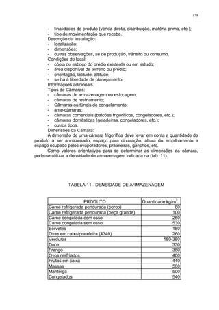 178
- finalidades do produto (venda direta, distribuição, matéria prima, etc.);
- tipo de movimentação que recebe.
Descrição da Instalação:
- localização;
- dimensões;
- outras observações, se de produção, trânsito ou consumo.
Condições do local:
- cópia ou esboço do prédio existente ou em estudo;
- área disponível de terreno ou prédio;
- orientação, latitude, altitude;
- se há á liberdade de planejamento.
Informações adicionais.
Tipos de Câmaras:
- câmaras de armazenagem ou estocagem;
- câmaras de resfriamento;
- Câmaras ou túneis de congelamento;
- ante-câmaras;
- câmaras comerciais (balcões frigoríficos, congeladores, etc.);
- câmaras domésticas (geladeiras, congeladores, etc.);
- outros tipos.
Dimensões da Câmara:
A dimensão de uma câmara frigorífica deve levar em conta a quantidade de
produto a ser armazenado, espaço para circulação, altura do empilhamento e
espaço ocupado pelos evaporadores, prateleiras, ganchos, etc.
Como valores orientativos para se determinar as dimensões da câmara,
pode-se utilizar a densidade de armazenagem indicada na (tab. 11).
TABELA 11 - DENSIDADE DE ARMAZENAGEM
PRODUTO Quantidade kg/m3
Carne refrigerada pendurada (porco) 80
Carne refrigerada pendurada (peça grande) 100
Carne congelada com osso 250
Carne congelada sem osso 530
Sorvetes 180
Ovas em caixa/prateleira (4340) 260
Verduras 180-380
Doce 330
Frango 380
Ovos resfriados 400
Frutas em caixa 440
Massas 500
Manteiga 500
Congelados 540
 