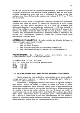196
ODOR: Sob o ponto de vista de constatação de vazamento, um leve odor pode ser
vantajoso, uma vez que uma pequena fuga de refrigerante pode ser detectada e
corrigida imediatamente antes que todo o refrigerante se perca ou que haja
qualquer dano físico. Os freons são praticamente inodoros, O R-717 e o R-764A
tem cheiro forte.
UMIDADE: Embora todos os refrigerantes absorvam umidade em quantidades
variáveis, esta deve ser retirada do sistema de refrigeração. A água, quando
existente, tem dois efeitos perniciosos: Um é a água não absorvida pelo
refrigerante (água livre) que congela nos pontos onde t < 0o
C, isto obstruirá os
dispositivos medidores, resultando um bloqueamento do sistema. O segundo é a
formação de ácidos corrosivos motivados por reações químicas. Estes ácidos
causarão lama, cobreamento e deterioração, dentro do sistema de refrigeração. Os
motores dos compressores herméticos podem ser curto-circuitados como
resultados de formações ácidas.
DETECÇÃO DE VAZAMENTOS: Há muitos métodos de detecção de fugas, ou
vazamentos, porém os mais comuns são:
- teste por imersão;
- teste por bolhas de sabão;
- teste de fugas hálide (Para hidrocarbonetos halogenados);
- teste com detector eletrônico (Para hidrocarbonetos halogenados).
INFLAMABILIDADE: Os refrigerantes variam extremamente nas suas
possibilidades de queimar ou favorecer a combustão:
FLAMABILIDADE OU EXPLOSIVIDADE:
R-11, R-12, R-22, R-30, R-718, R-764, Não Inflamáveis.
R-40 8,1 - 17,2
R-170 3,3 - 10,6
R-717 16,0 - 25,0
15.2 DESENVOLVIMENTO E CARACTERÍSTICAS DOS REFRIGERANTES
Saúde, segurança, meio ambiente e preocupações com a conservação de
energia continuam motivando a indústria da refrigeração para melhorar e
desenvolver refrigerantes novos.
Inicialmente, a refrigeração mecânica era limitada a algumas aplicações
com amônia, dióxido de enxofre e cloreto de metila que eram os únicos
refrigerantes disponíveis, todos altamente tóxicos. Com o desenvolvimento de
pequenas unidades domésticas e comerciais, automáticas, os refrigerantes dióxido
de enxofre e cloreto de metila entraram em uso. O cloreto de metila foi
desenvolvido para uso em compressores centrífugos. Com exceção da amônia,
todos estes refrigerantes foram substituídos pelos HIDROCARBONETOS
HALOGENADOS, sintetizados a partir dos hidrocarbonetos da série metano e
etano que, devido às suas excepcionais qualidades, constituem modernamente os
refrigerantes para a maior parte das instalações de refrigeração.
 