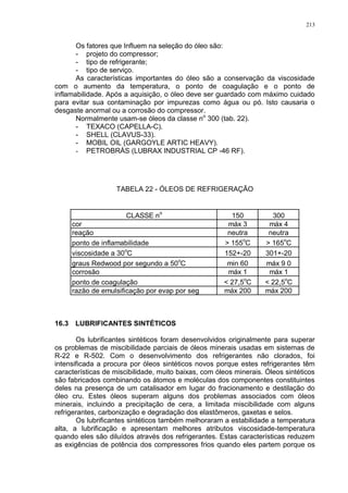 213
Os fatores que Influem na seleção do óleo são:
- projeto do compressor;
- tipo de refrigerante;
- tipo de serviço.
As características importantes do óleo são a conservação da viscosidade
com o aumento da temperatura, o ponto de coagulação e o ponto de
inflamabilidade. Após a aquisição, o óleo deve ser guardado com máximo cuidado
para evitar sua contaminação por impurezas como água ou pó. Isto causaria o
desgaste anormal ou a corrosão do compressor.
Normalmente usam-se óleos da classe no
300 (tab. 22).
- TEXACO (CAPELLA-C).
- SHELL (CLAVUS-33).
- MOBIL OIL (GARGOYLE ARTIC HEAVY).
- PETROBRÁS (LUBRAX INDUSTRIAL CP -46 RF).
TABELA 22 - ÓLEOS DE REFRIGERAÇÃO
CLASSE no
150 300
cor máx 3 máx 4
reação neutra neutra
ponto de inflamabilidade > 155o
C > 165o
C
viscosidade a 30
o
C 152+-20 301+-20
graus Redwood por segundo a 50o
C min 60 máx 9 0
corrosão máx 1 máx 1
ponto de coagulação < 27,5
o
C < 22,5
o
C
razão de emulsificação por evap por seg máx 200 máx 200
16.3 LUBRIFICANTES SINTÉTICOS
Os lubrificantes sintéticos foram desenvolvidos originalmente para superar
os problemas de miscibilidade parciais de óleos minerais usadas em sistemas de
R-22 e R-502. Com o desenvolvimento dos refrigerantes não clorados, foi
intensificada a procura por óleos sintéticos novos porque estes refrigerantes têm
características de miscibilidade, muito baixas, com óleos minerais. Óleos sintéticos
são fabricados combinando os átomos e moléculas dos componentes constituintes
deles na presença de um catalisador em lugar do fracionamento e destilação do
óleo cru. Estes óleos superam alguns dos problemas associados com óleos
minerais, incluindo a precipitação de cera, a limitada miscibilidade com alguns
refrigerantes, carbonização e degradação dos elastômeros, gaxetas e selos.
Os lubrificantes sintéticos também melhoraram a estabilidade a temperatura
alta, a lubrificação e apresentam melhores atributos viscosidade-temperatura
quando eles são diluídos através dos refrigerantes. Estas características reduzem
as exigências de potência dos compressores frios quando eles partem porque os
 