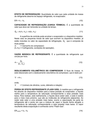 24
EFEITO DE REFRIGERAÇÃO: Quantidade de calor que cada unidade de massa
de refrigerante absorve do espaço refrigerado, no evaporador.
ER = h1 - h4 (10)
CAPACIDADE DE REFRIGERAÇÃO (CARGA TÉRMICA): É a quantidade de
calor que deve ser removida na unidade de tempo.
)h-(hm)h-hmQ 3141e
  ( (11)
A superfície de controle pode envolver o evaporador e o dispositivo medidor.
Neste caso as pequenas trocas de calor que ocorrem no dispositivo medidor, já
estão incluídas no valor da capacidade de refrigeração, Qe
 que é composta de
duas partes:
m = f (tamanho do compressor)
(h1-h3) = f (refrigerante, condições de operação).
VAZÃO MÁSSICA DE REFRIGERANTE: É a quantidade de refrigerante que
circula por hora.
)h-(h
Q
m
41
e

  (12)
DESLOCAMENTO VOLUMÉTRICO DO COMPRESSOR: O fluxo de massa, m
está relacionado com o deslocamento volumétrico do compressor, que é dado por:
1mV   (13)
onde,
V = f (número de cilindros, curso, diâmetro e rotação)
PERDA DE EFEITO REFRIGERANTE (FLASH GÁS): A medida que o refrigerante
flui através do dispositivo medidor para a baixa pressão do evaporador, o líquido
resfria para a temperatura de saturação correspondente a essa pressão mais
baixa. Para realizar, este resfriamento, o líquido deve ceder calor, e este é cedido
para o meio mais próximo, que são as moléculas de refrigerante adjacentes. Ao
ceder este calor a uma pressão mais baixa, ocorre a vaporização de parte do
refrigerante até o ponto em que a mistura de vapor e líquido tenha atingido a
temperatura de saturação correspondente a esta pressão mais baixa. O vapor
resultante desta evaporação é conhecido como "Flash Gas".
ER perda = h4 - h0 (14)
 