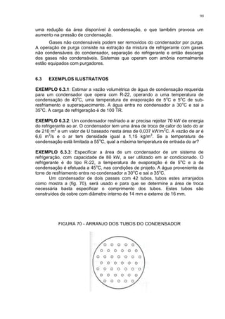 90
uma redução da área disponível à condensação, o que também provoca um
aumento na pressão de condensação.
Gases não condensáveis podem ser removidos do condensador por purga.
A operação de purga consiste na extração da mistura de refrigerante com gases
não condensáveis do condensador, separação do refrigerante e então descarga
dos gases não condensáveis. Sistemas que operam com amônia normalmente
estão equipados com purgadores.
6.3 EXEMPLOS ILUSTRATIVOS
EXEMPLO 6.3.1: Estimar a vazão volumétrica de água de condensação requerida
para um condensador que opera com R-22, operando a uma temperatura de
condensação de 40o
C, uma temperatura de evaporação de 5o
C e 5o
C de sub-
resfriamento e superaquecimento. A água entra no condensador a 30o
C e sai a
35o
C. A carga de refrigeração é de 100 TR.
EXEMPLO 6.3.2: Um condensador resfriado a ar precisa rejeitar 70 kW de energia
do refrigerante ao ar. O condensador tem uma área de troca de calor do lado do ar
de 210 m2
e um valor de U baseado nesta área de 0,037 kW/m2
C. A vazão de ar é
6,6 m3
/s e o ar tem densidade igual a 1,15 kg/m3
. Se a temperatura de
condensação está limitada a 55o
C, qual a máxima temperatura de entrada do ar?
EXEMPLO 6.3.3: Especificar a área de um condensador de um sistema de
refrigeração, com capacidade de 80 kW, a ser utilizado em ar condicionado. O
refrigerante é do tipo R-22, a temperatura de evaporação é de 5o
C e a de
condensação é efetuada a 45o
C, nas condições de projeto. A água proveniente da
torre de resfriamento entra no condensador a 30o
C e sai a 35o
C.
Um condensador de dois passes com 42 tubos, tubos estes arranjados
como mostra a (fig. 70), será usado e para que se determine a área de troca
necessária basta especificar o comprimento dos tubos. Estes tubos são
construídos de cobre com diâmetro interno de 14 mm e externo de 16 mm.
FIGURA 70 - ARRANJO DOS TUBOS DO CONDENSADOR
 