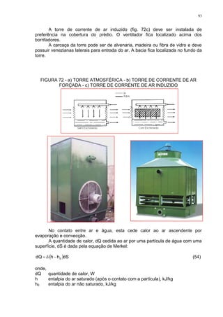 93
A torre de corrente de ar induzido (fig. 72c) deve ser instalada de
preferência na cobertura do prédio. O ventilador fica localizado acima dos
borrifadores.
A carcaça da torre pode ser de alvenaria, madeira ou fibra de vidro e deve
possuir venezianas laterais para entrada do ar. A bacia fica localizada no fundo da
torre.
FIGURA 72 - a) TORRE ATMOSFÉRICA - b) TORRE DE CORRENTE DE AR
FORÇADA - c) TORRE DE CORRENTE DE AR INDUZIDO
No contato entre ar e água, esta cede calor ao ar ascendente por
evaporação e convecção.
A quantidade de calor, dQ cedida ao ar por uma partícula de água com uma
superfície, dS é dada pela equação de Merkel:
 dShhdQ 0 (54)
onde,
dQ quantidade de calor, W
h entalpia do ar saturado (após o contato com a partícula), kJ/kg
h0 entalpia do ar não saturado, kJ/kg
 