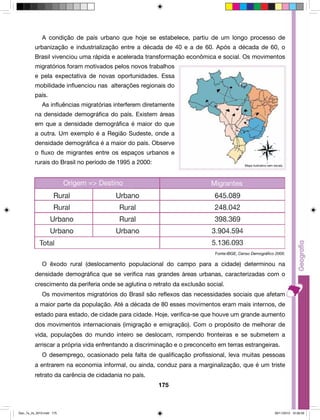 A condição de país urbano que hoje se estabelece, partiu de um longo processo de 
urbanização e industrialização entre a década de 40 e a de 60. Após a década de 60, o 
Brasil vivenciou uma rápida e acelerada transformação econômica e social. Os movimentos 
migratórios foram motivados pelos novos trabalhos 
e pela expectativa de novas oportunidades. Essa 
mobilidade influenciou nas alterações regionais do 
país. 
As influências migratórias interferem diretamente 
na densidade demográfica do país. Existem áreas 
em que a densidade demográfica é maior do que 
a outra. Um exemplo é a Região Sudeste, onde a 
densidade demográfica é a maior do país. Observe 
o fluxo de migrantes entre os espaços urbanos e 
rurais do Brasil no período de 1995 a 2000: 
O êxodo rural (deslocamento populacional do campo para a cidade) determinou na 
densidade demográfica que se verifica nas grandes áreas urbanas, caracterizadas com o 
crescimento da periferia onde se aglutina o retrato da exclusão social. 
Os movimentos migratórios do Brasil são reflexos das necessidades sociais que afetam 
a maior parte da população. Até a década de 80 esses movimentos eram mais internos, de 
estado para estado, de cidade para cidade. Hoje, verifica-se que houve um grande aumento 
dos movimentos internacionais (imigração e emigração). Com o propósito de melhorar de 
vida, populações do mundo inteiro se deslocam, rompendo fronteiras e se submetem a 
arriscar a própria vida enfrentando a discriminação e o preconceito em terras estrangeiras. 
O desemprego, ocasionado pela falta de qualificação profissional, leva muitas pessoas 
a entrarem na economia informal, ou ainda, conduz para a marginalização, que é um triste 
retrato da carência de cidadania no país. 
175 
Mapa ilustrativo sem escala 
Fonte:IBGE, Censo Demográfico 2000. 
Geo_7a_2s_2010.indd 175 09/11/2010 10:26:59 
 