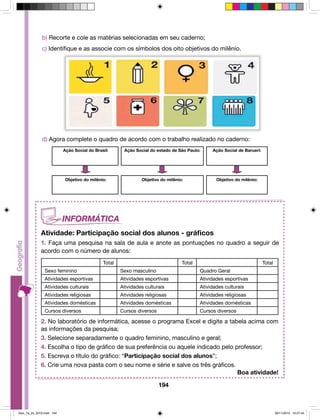 b) Recorte e cole as matérias selecionadas em seu caderno; 
c) Identifique e as associe com os símbolos dos oito objetivos do milênio. 
d) Agora complete o quadro de acordo com o trabalho realizado no caderno: 
Ação Social do Brasil: Ação Social do estado de São Paulo: Ação Social de Barueri: 
Objetivo do milênio: Objetivo do milênio: Objetivo do milênio: 
Atividade: Participação social dos alunos - gráficos 
1. Faça uma pesquisa na sala de aula e anote as pontuações no quadro a seguir de 
acordo com o número de alunos: 
Total Total Total 
Sexo feminino Sexo masculino Quadro Geral 
Atividades esportivas Atividades esportivas Atividades esportivas 
Atividades culturais Atividades culturais Atividades culturais 
Atividades religiosas Atividades religiosas Atividades religiosas 
Atividades domésticas Atividades domésticas Atividades domésticas 
Cursos diversos Cursos diversos Cursos diversos 
2. No laboratório de informática, acesse o programa Excel e digite a tabela acima com 
as informações da pesquisa; 
3. Selecione separadamente o quadro feminino, masculino e geral; 
4. Escolha o tipo de gráfico de sua preferência ou aquele indicado pelo professor; 
5. Escreva o título do gráfico: “Participação social dos alunos”; 
6. Crie uma nova pasta com o seu nome e série e salve os três gráficos. 
194 
Boa atividade! 
Geo_7a_2s_2010.indd 194 09/11/2010 10:27:45 
 