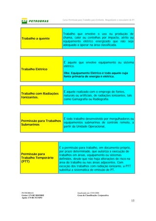 Curso Permissão para Trabalho para Emitente, Requisitante e executante de PT
PETROBRAS Atualizado em:15/03/2006
Gestor: UN-BC/RH/DRH Grau de Classificação: Corporativo
Apoio: UN-BC/ST/SPO
13
Trabalho a quente
Trabalho que envolve o uso ou produção de
chama, calor ou centelhas por impacto, atrito ou
equipamento elétrico energizado que não seja
adequado a operar na área classificada.
Trabalho Elétrico
É aquele que envolve equipamento ou sistema
elétrico.
Obs: Equipamento Elétrico é todo aquele cuja
fonte primária de energia é elétrica.
Trabalho com Radiações
Ionizantes.
É aquele realizado com o emprego de fontes,
naturais ou artificiais, de radiações ionizantes, tais
como Gamagrafia ou Radiografia.
Permissão para Trabalhos
Submarinos
É todo trabalho desenvolvido por mergulhadores ou
equipamentos submarinos de controle remoto, a
partir da Unidade Operacional.
Permissão para
Trabalho Temporário
(PTT)
É a permissão para trabalho, em documento próprio,
por prazo determinado, que autoriza a execução de
trabalhos em áreas, equipamento ou sistemas
definidos, desde que não haja alterações de risco na
área do trabalho ou nas áreas adjacentes. Com
exceção dos trabalhos com radiação ionizante, a PTT
substitui a sistemática de emissão de PT.
 